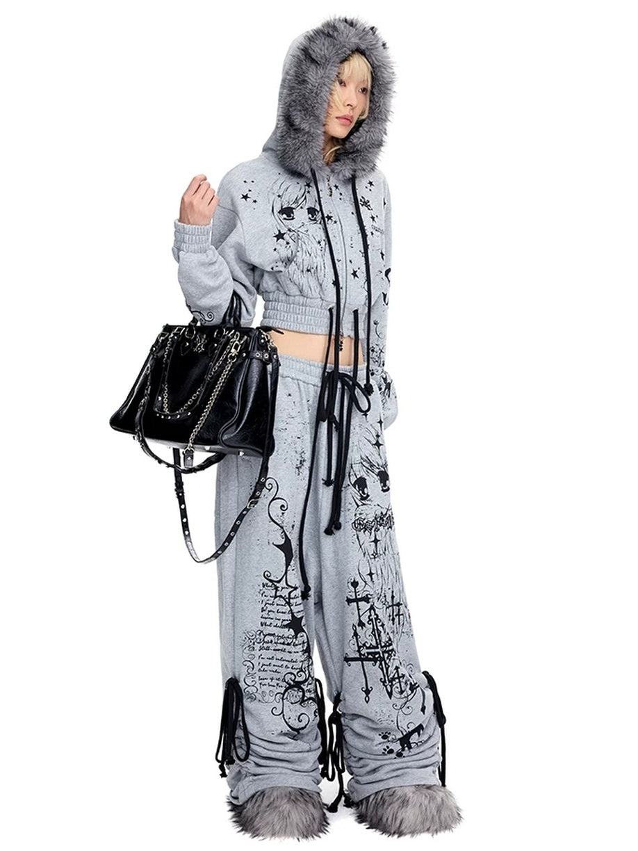 Pure Cotton Slim Fit Cropped Zip Hooded Streetwear Cartoon Grey Hoodies
