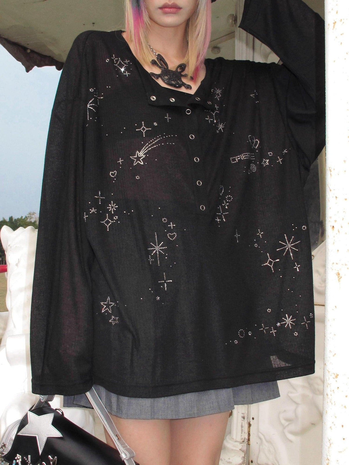 Rhinestone Embellished Casual Oversized Drop Shoulder Unisex Black T-Shirt