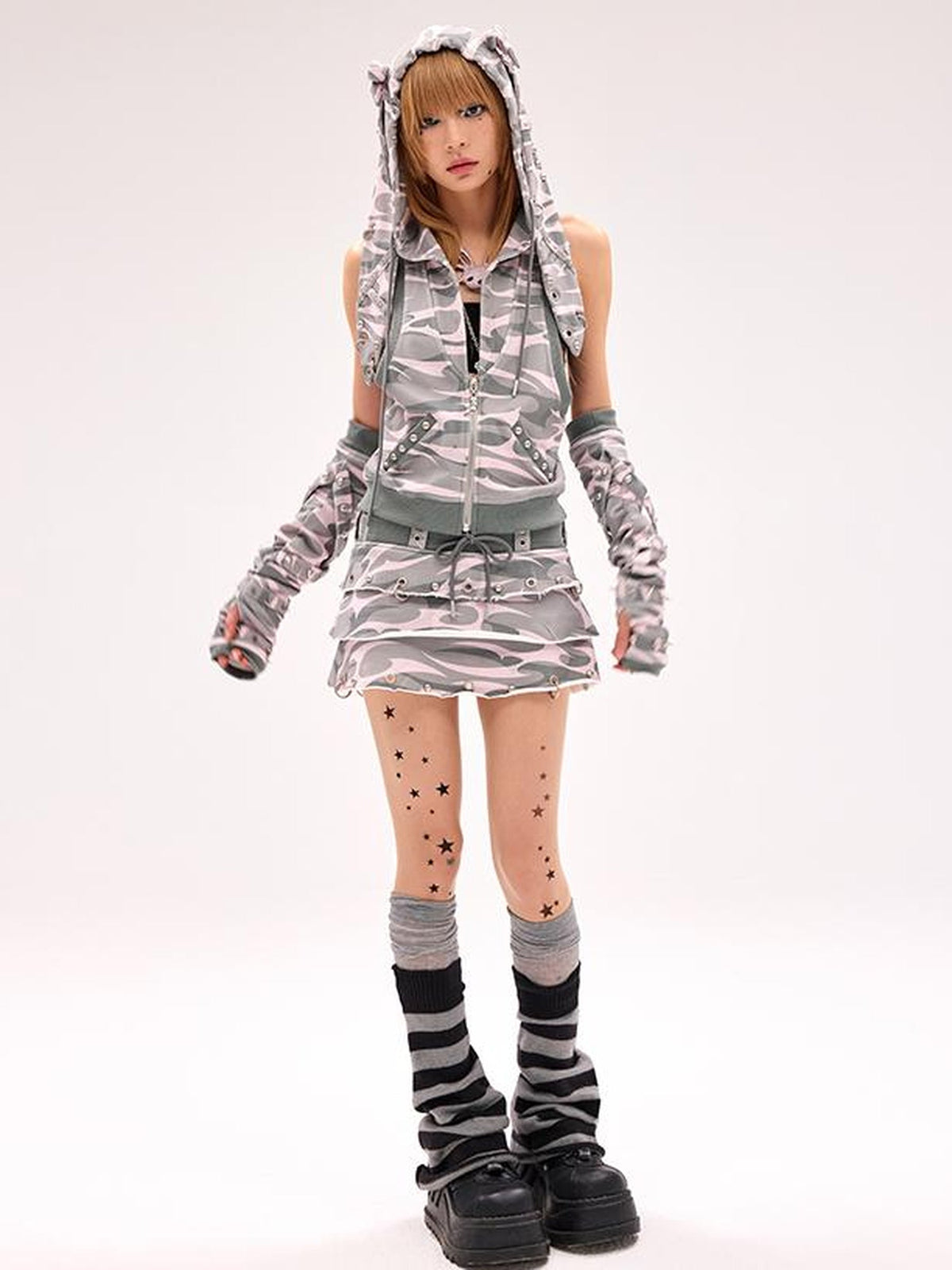 Rivet Bunny Ear Vest Jacket V Neck T Shirt Long Sleeve