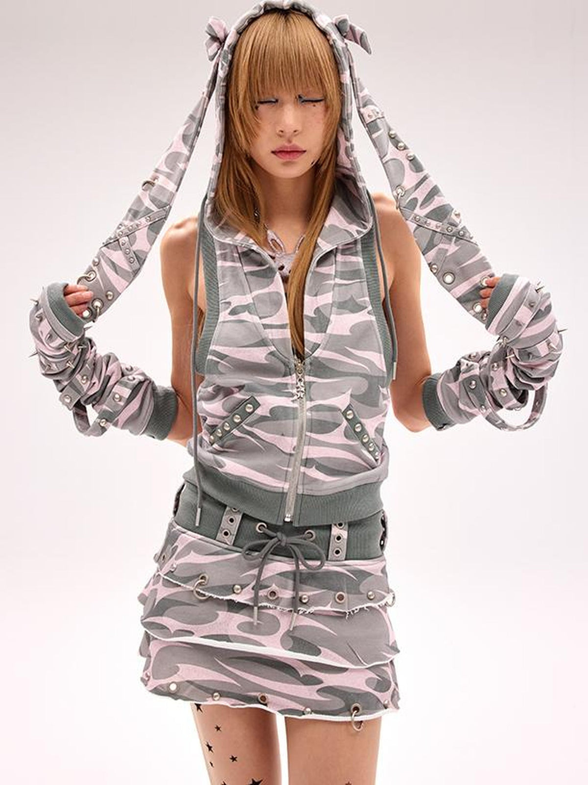 Rivet Bunny Ear Vest Jacket V Neck T Shirt Long Sleeve