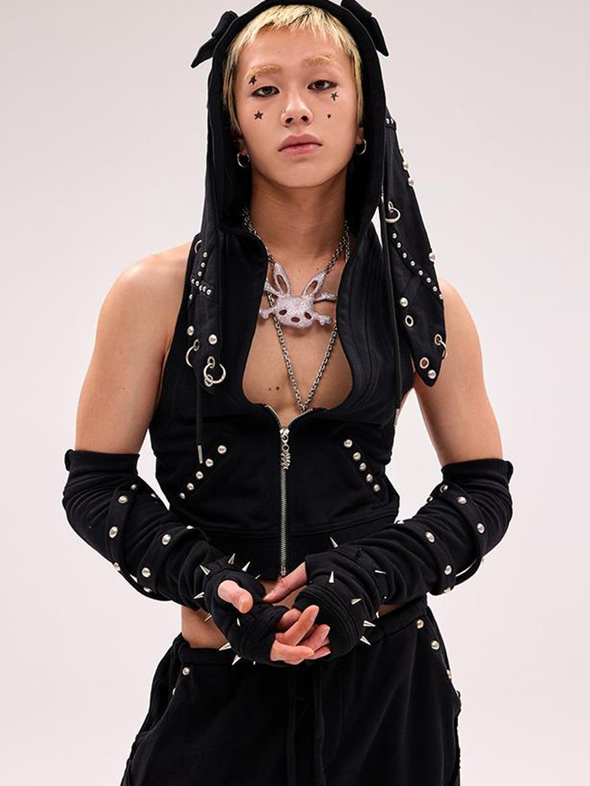 Rivet Bunny Ear Vest Jacket V Neck T Shirt Long Sleeve