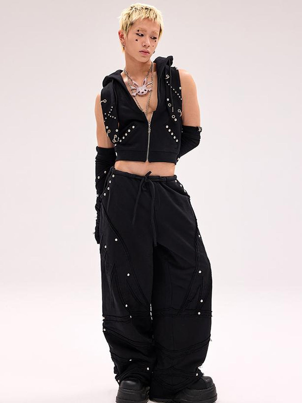 Rivet Bunny Ear Vest Jacket V Neck T Shirt Long Sleeve