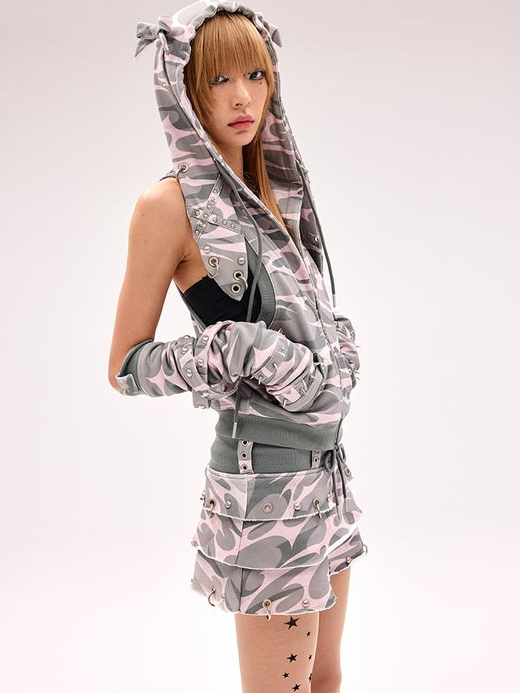 Rivet Bunny Ear Vest Jacket V Neck T Shirt Long Sleeve