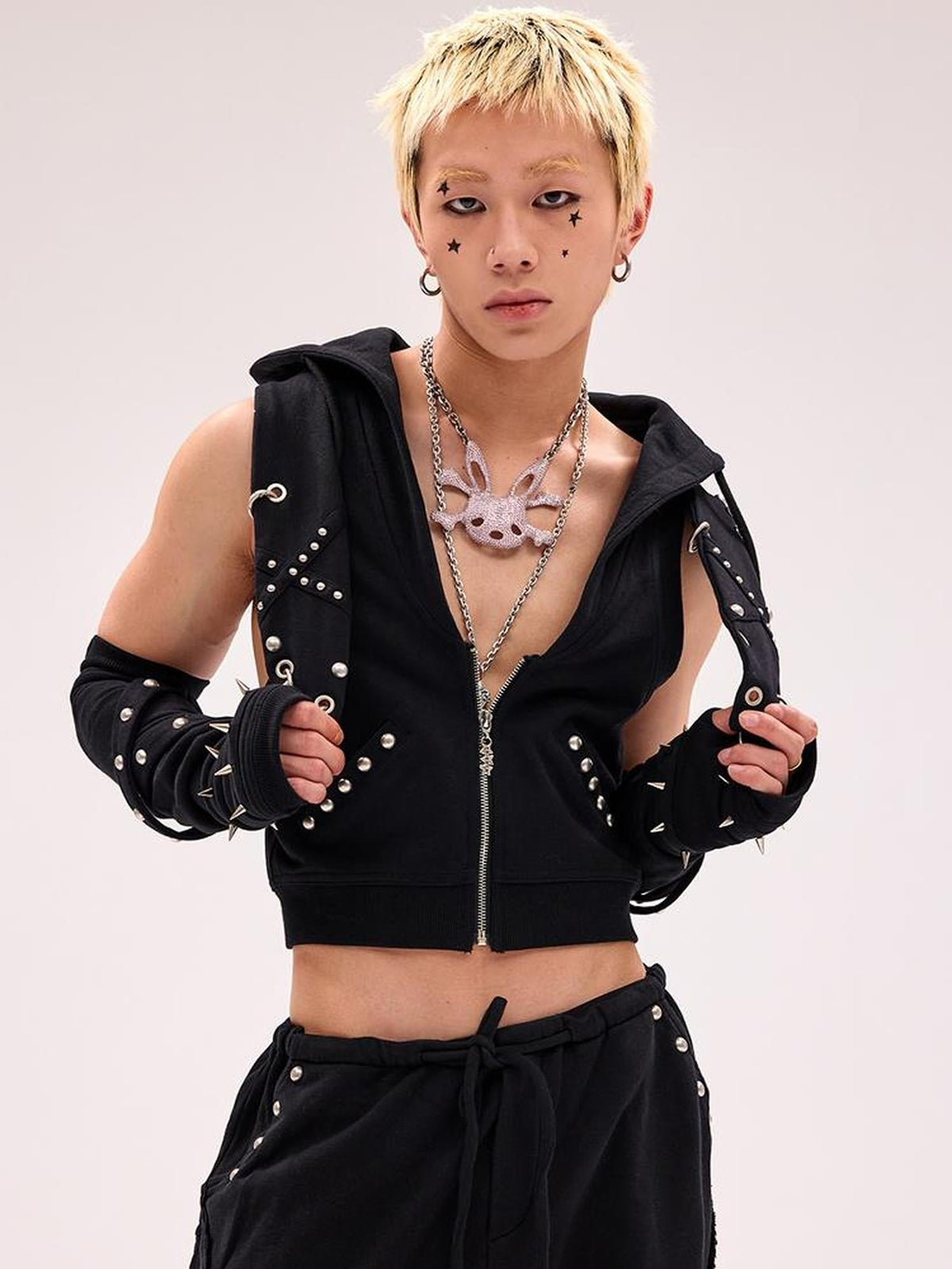 Rivet Bunny Ear Vest Jacket V Neck T Shirt Long Sleeve