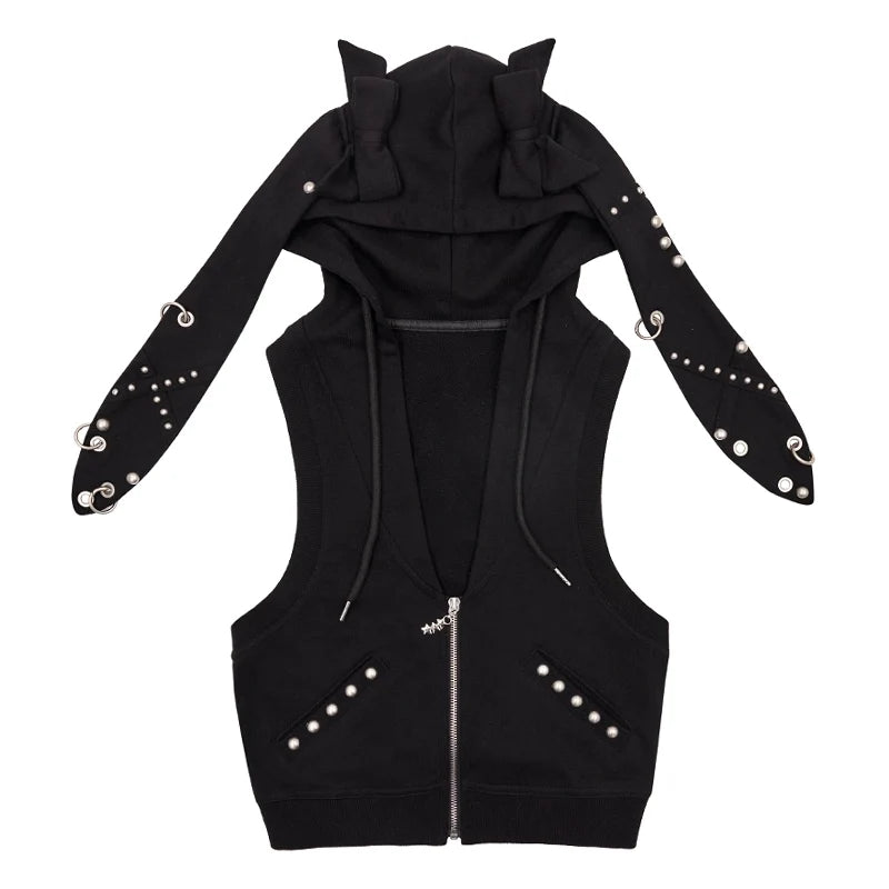 Rivet Bunny Ear Vest Jacket V Neck T Shirt Long Sleeve