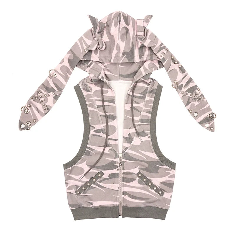 Rivet Bunny Ear Vest Jacket V Neck T Shirt Long Sleeve