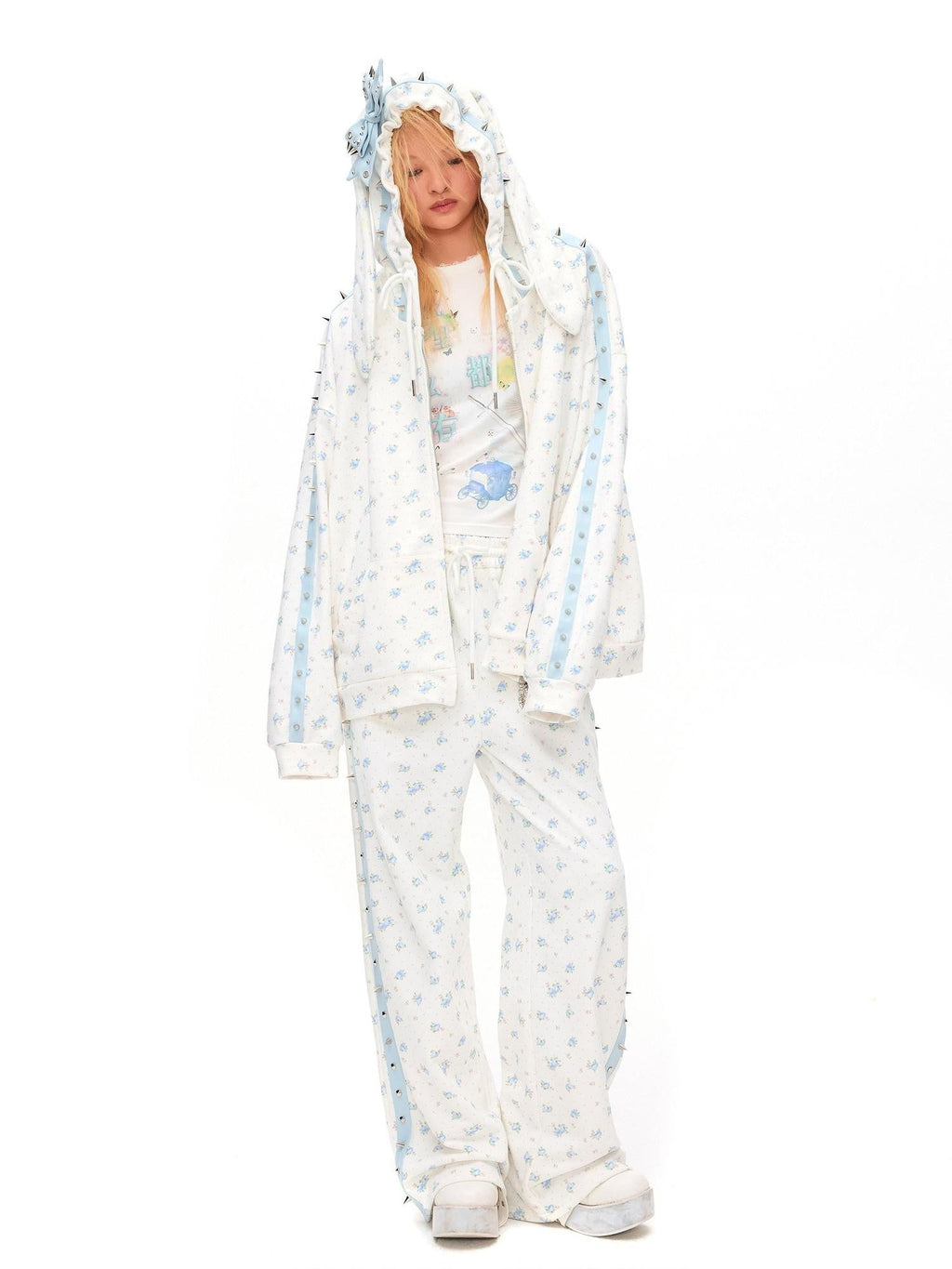 Rose Thorn Floral Rabbit Ear Oversized Zip Hooded Women'S Cotton Hoodies