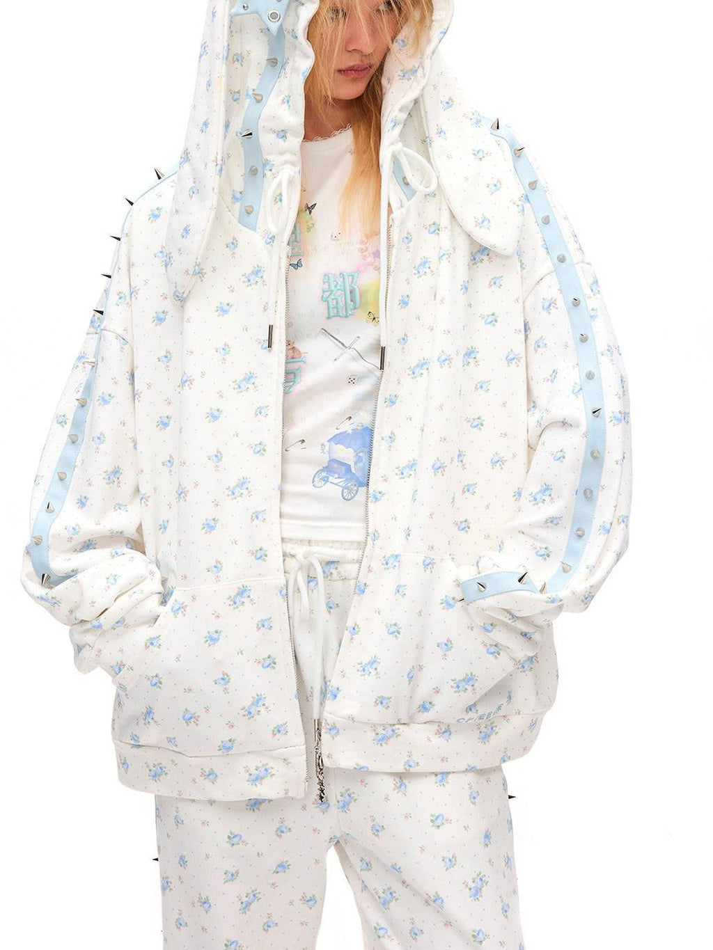 Rose Thorn Floral Rabbit Ear Oversized Zip Hooded Women'S Cotton Hoodies