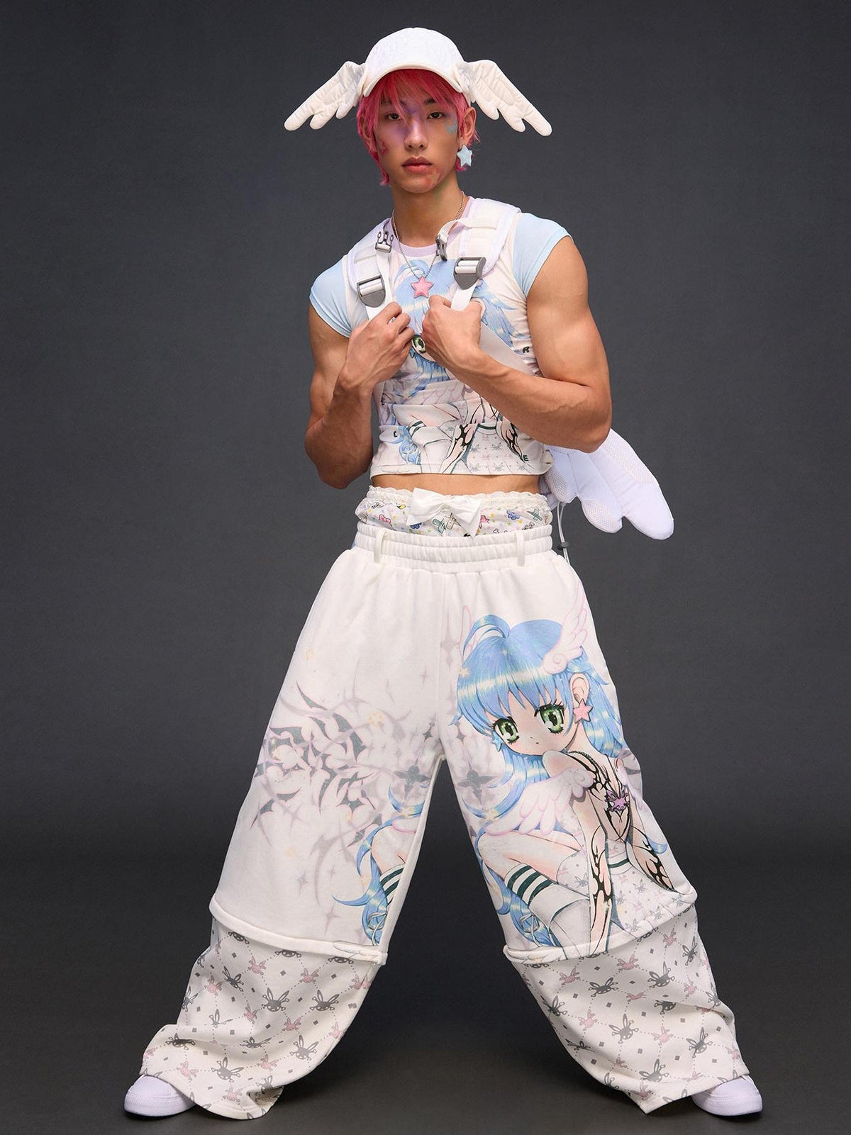 Six Wing Angel Detachable Print High Waist Wide Leg Women's Cotton Sweatpants