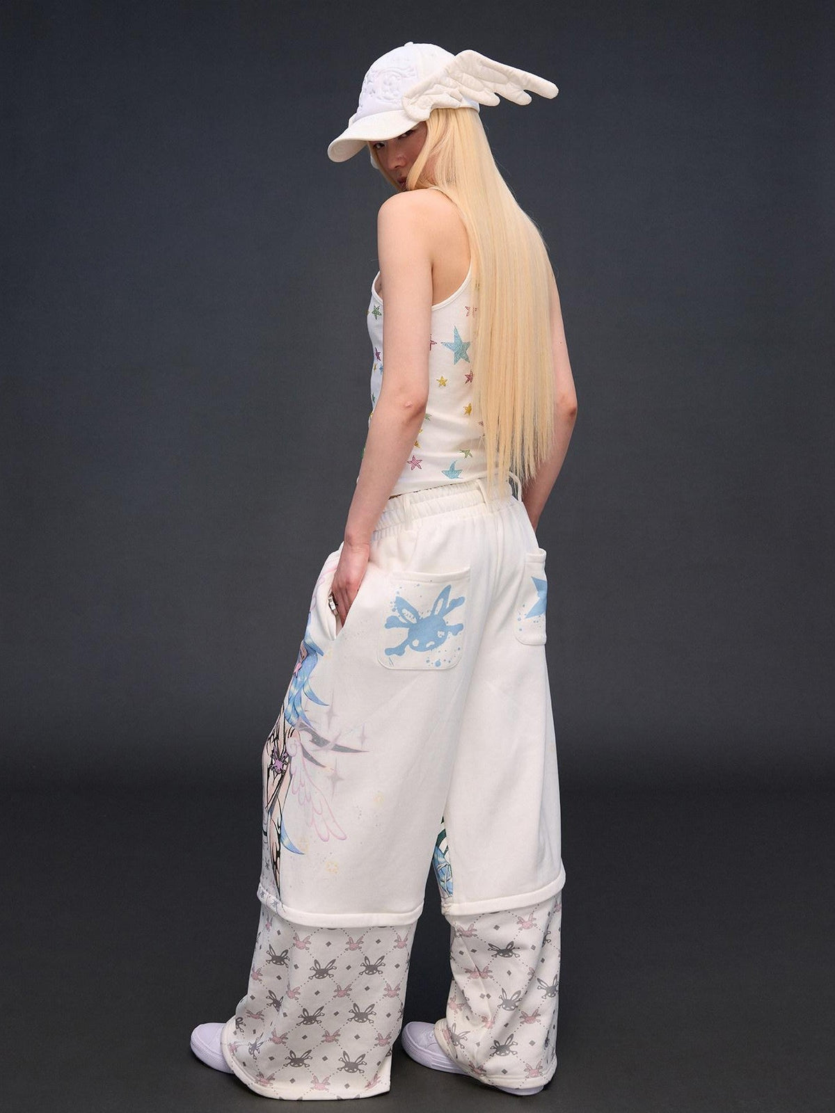 Six Wing Angel Detachable Print High Waist Wide Leg Women's Cotton Sweatpants