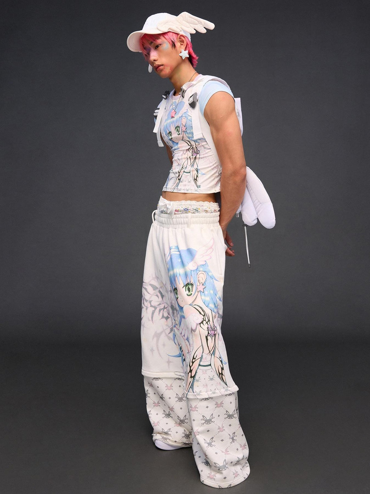 Six Wing Angel Detachable Print High Waist Wide Leg Women's Cotton Sweatpants