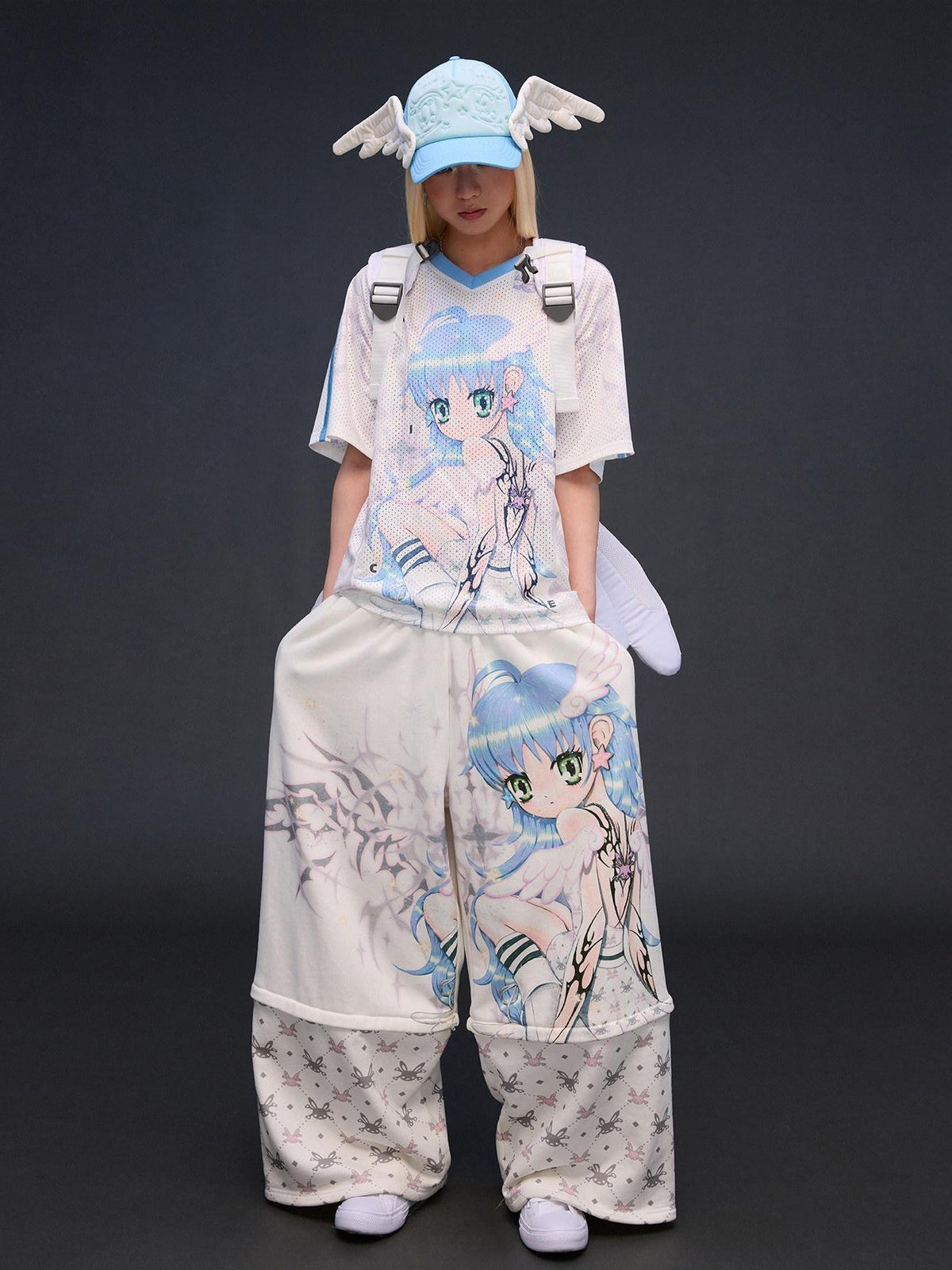 Six Wing Angel Detachable Print High Waist Wide Leg Women's Cotton Sweatpants