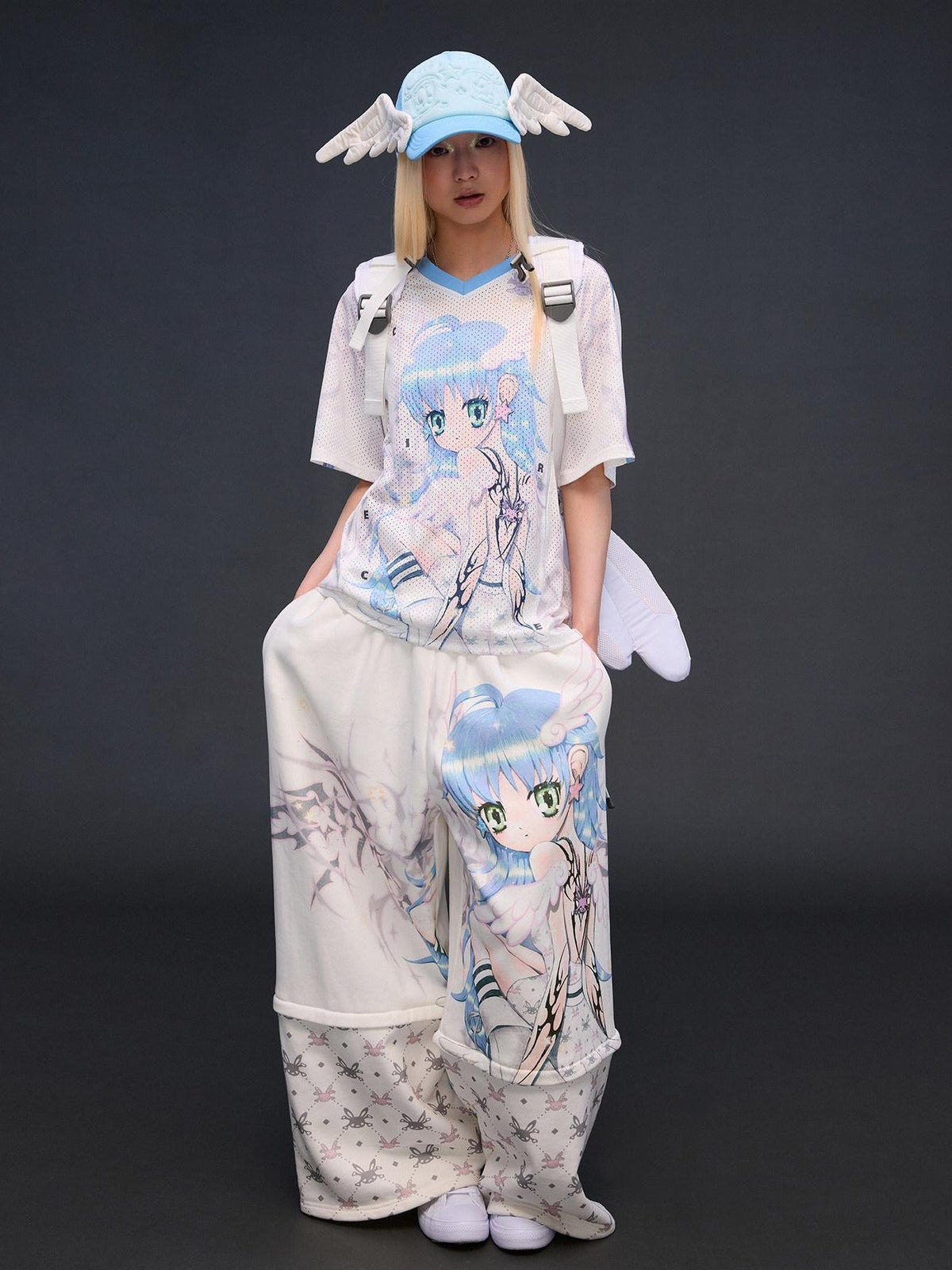 Six Wing Angel Detachable Print High Waist Wide Leg Women's Cotton Sweatpants