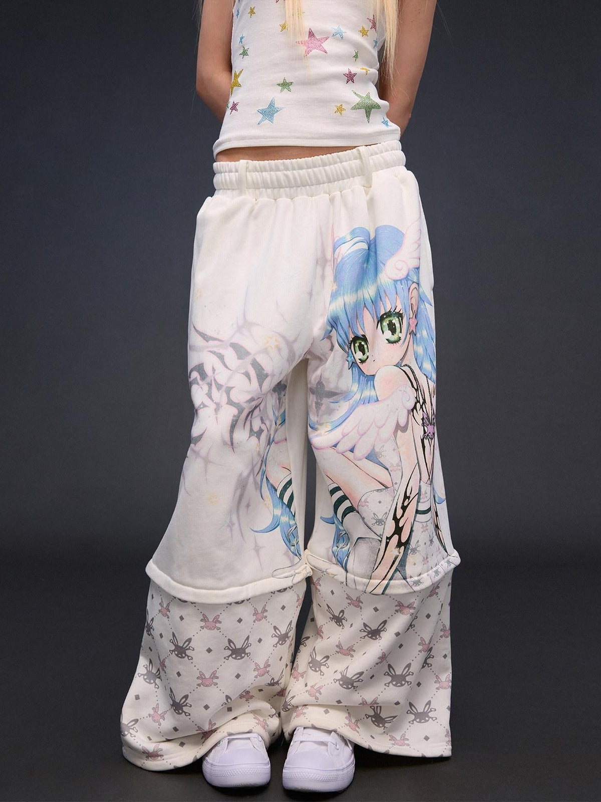 Six Wing Angel Detachable Print High Waist Wide Leg Women's Cotton Sweatpants