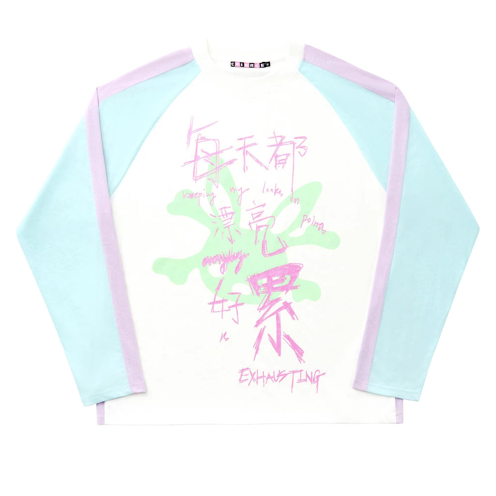 Soft Cotton Blend Oversized Raglan Long Sleeve Unisex Blue Printed T-Shirt