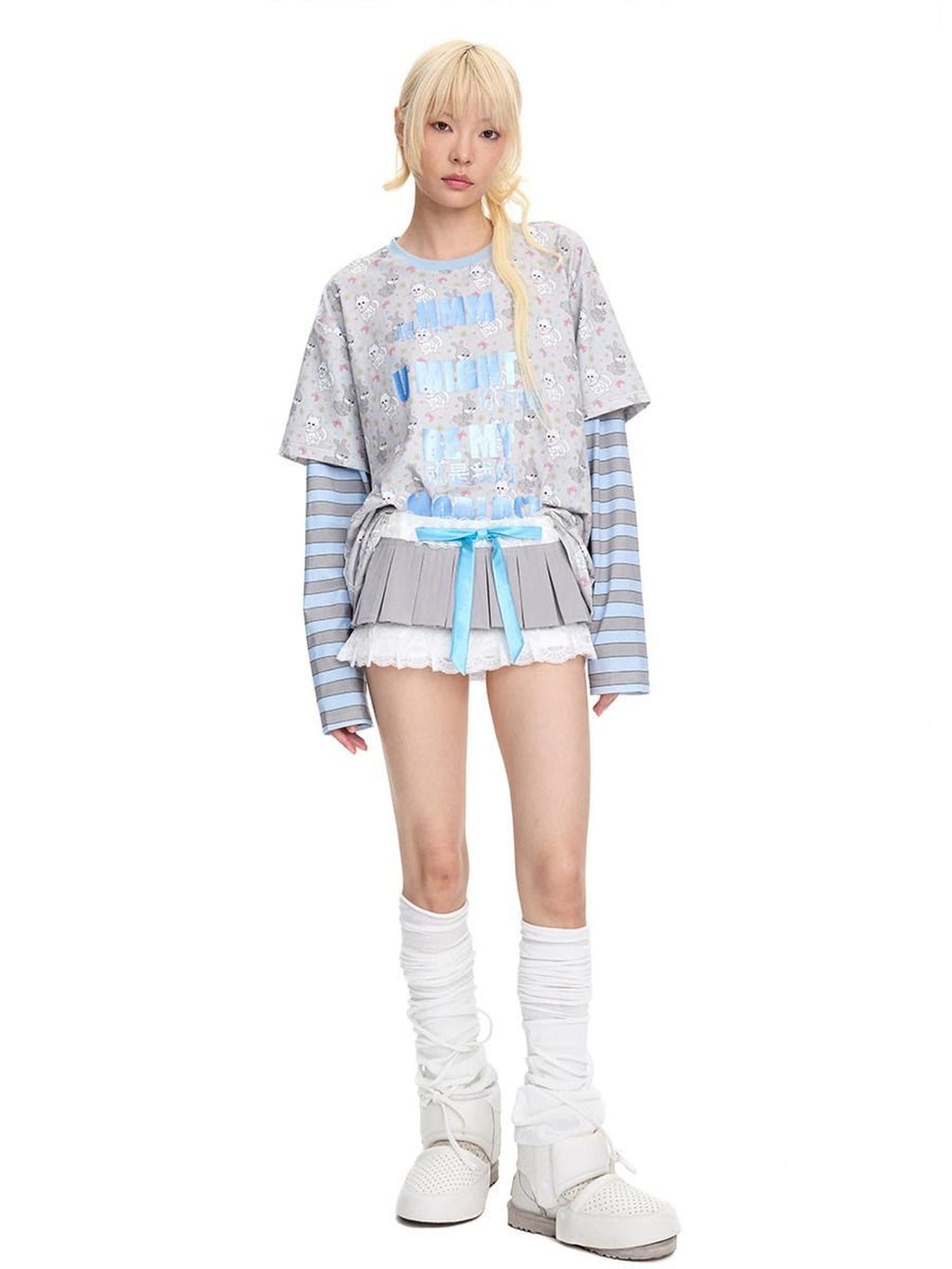 Soft Cotton Low Waist Casual Pleated Lace Bow For Women Gray Mini Skirt