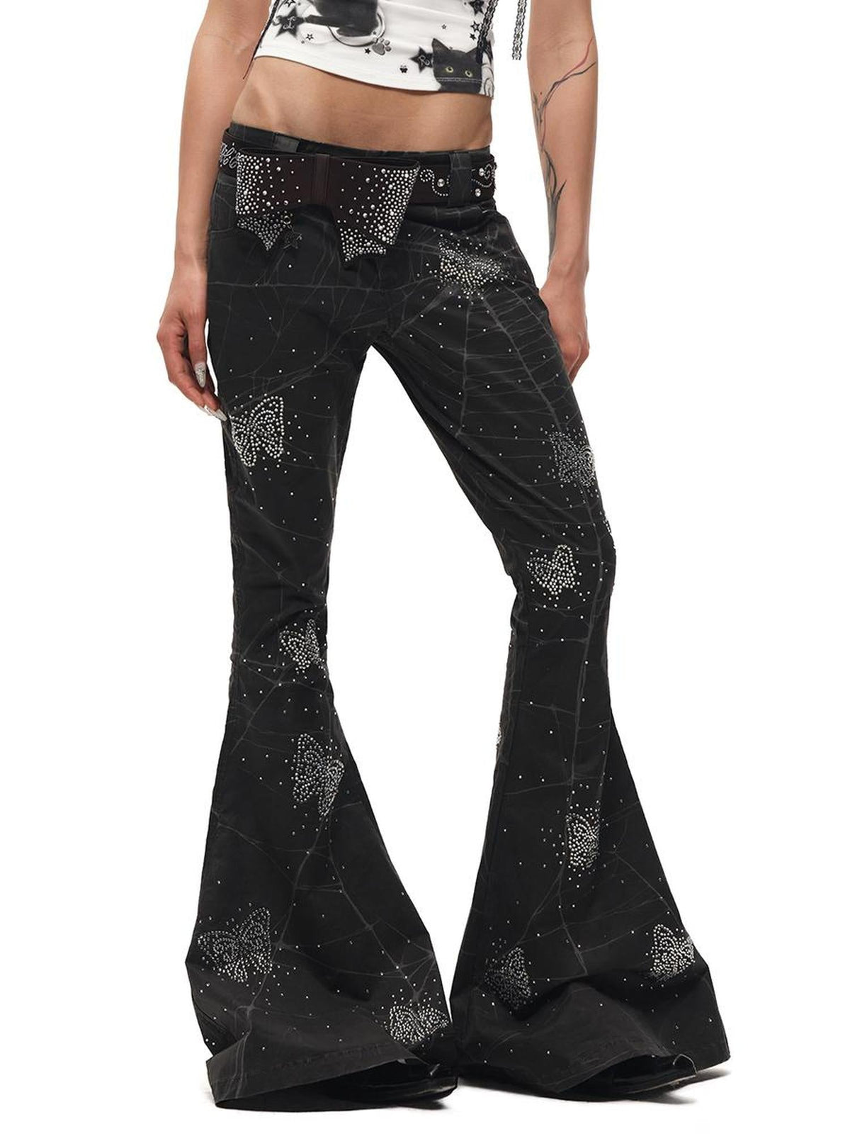 Spiderweb Butterfly Crystal Flared Pants