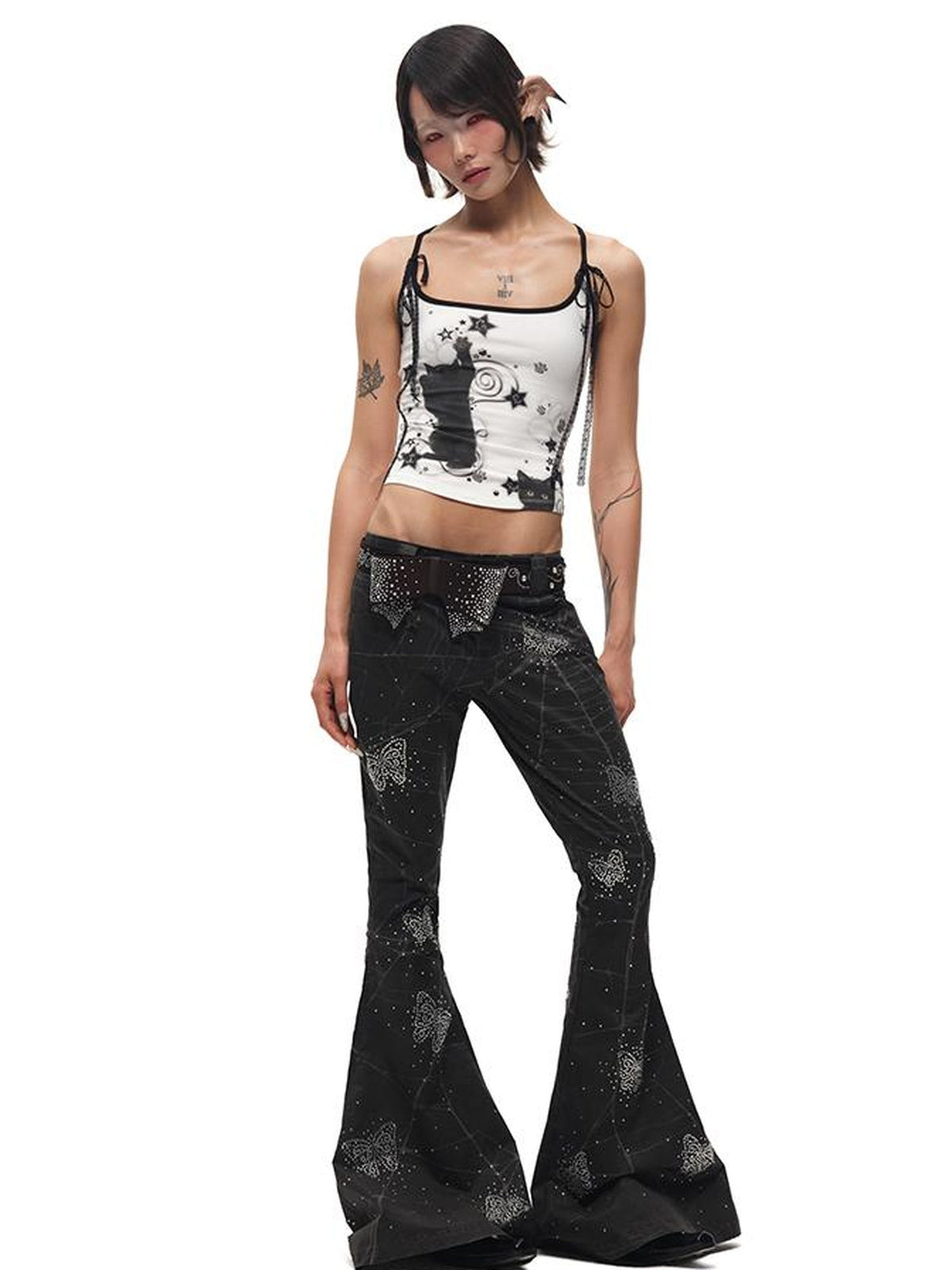 Spiderweb Butterfly Crystal Flared Pants