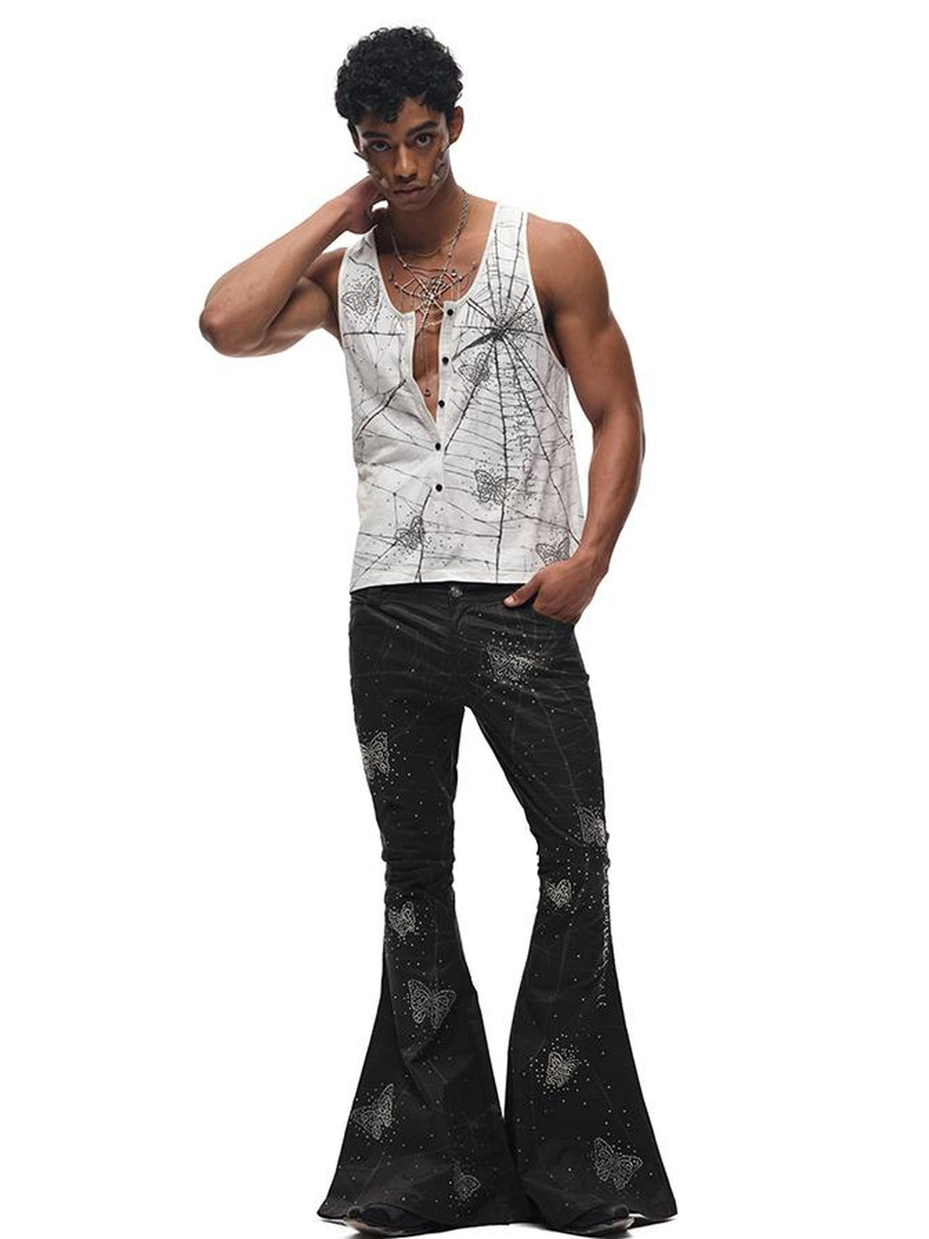 Spiderweb Butterfly Crystal Flared Pants