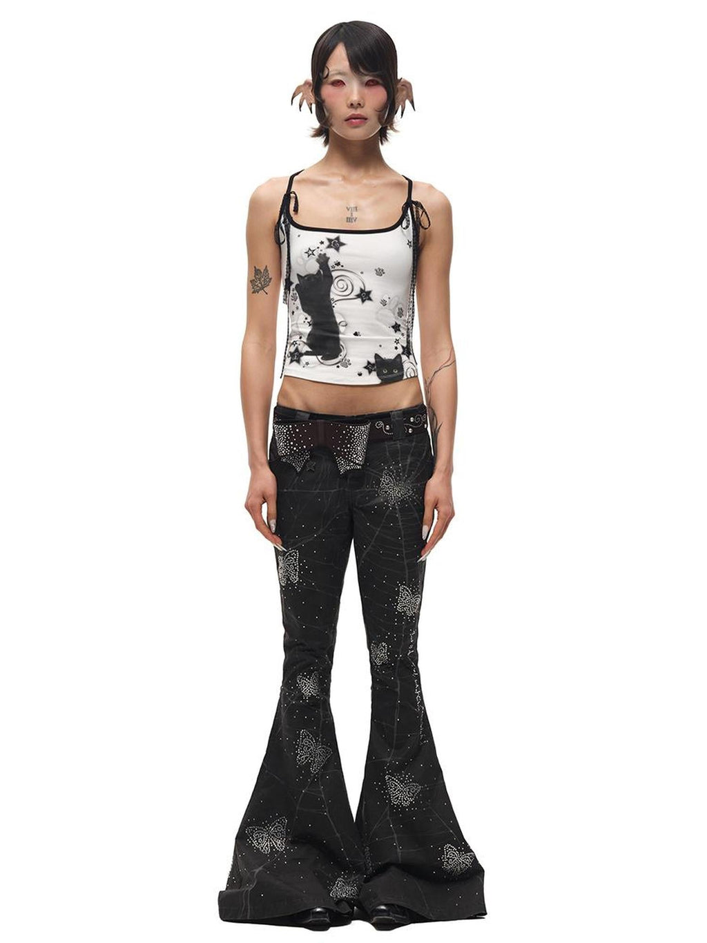 Spiderweb Butterfly Crystal Flared Pants