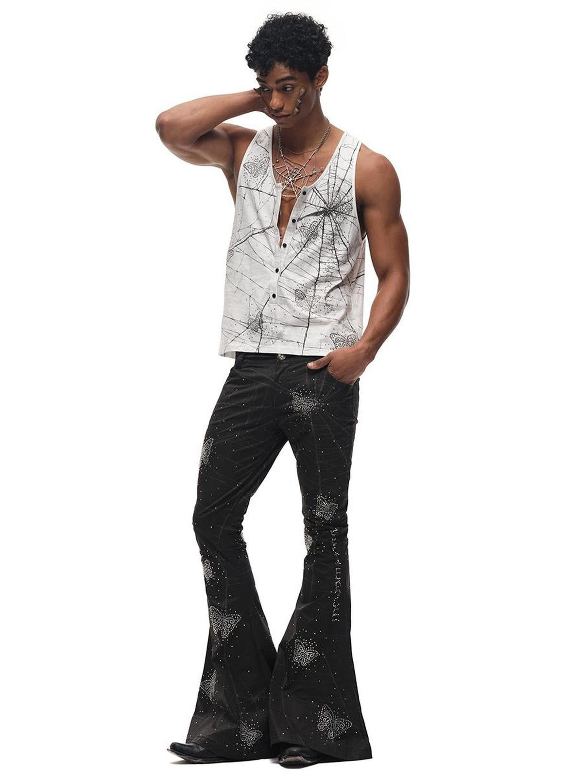 Spiderweb Butterfly Crystal Flared Pants