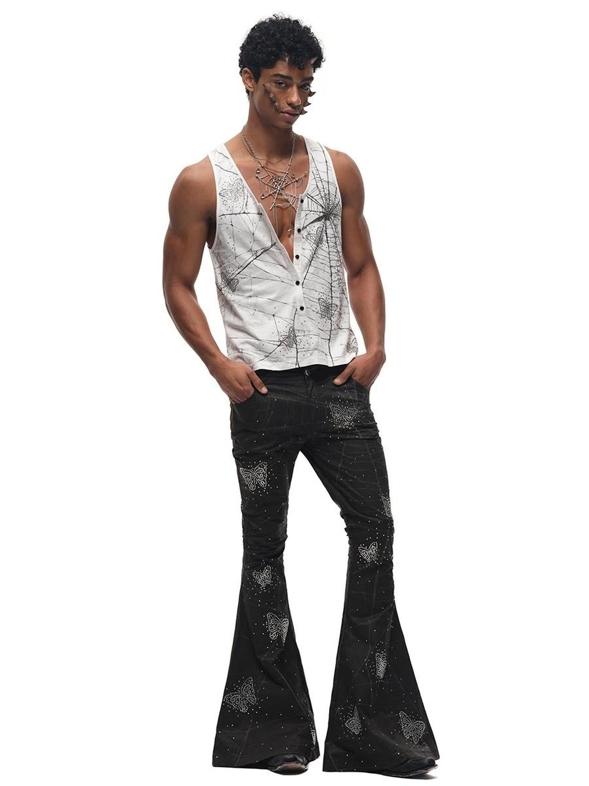 Spiderweb Butterfly Crystal Flared Pants