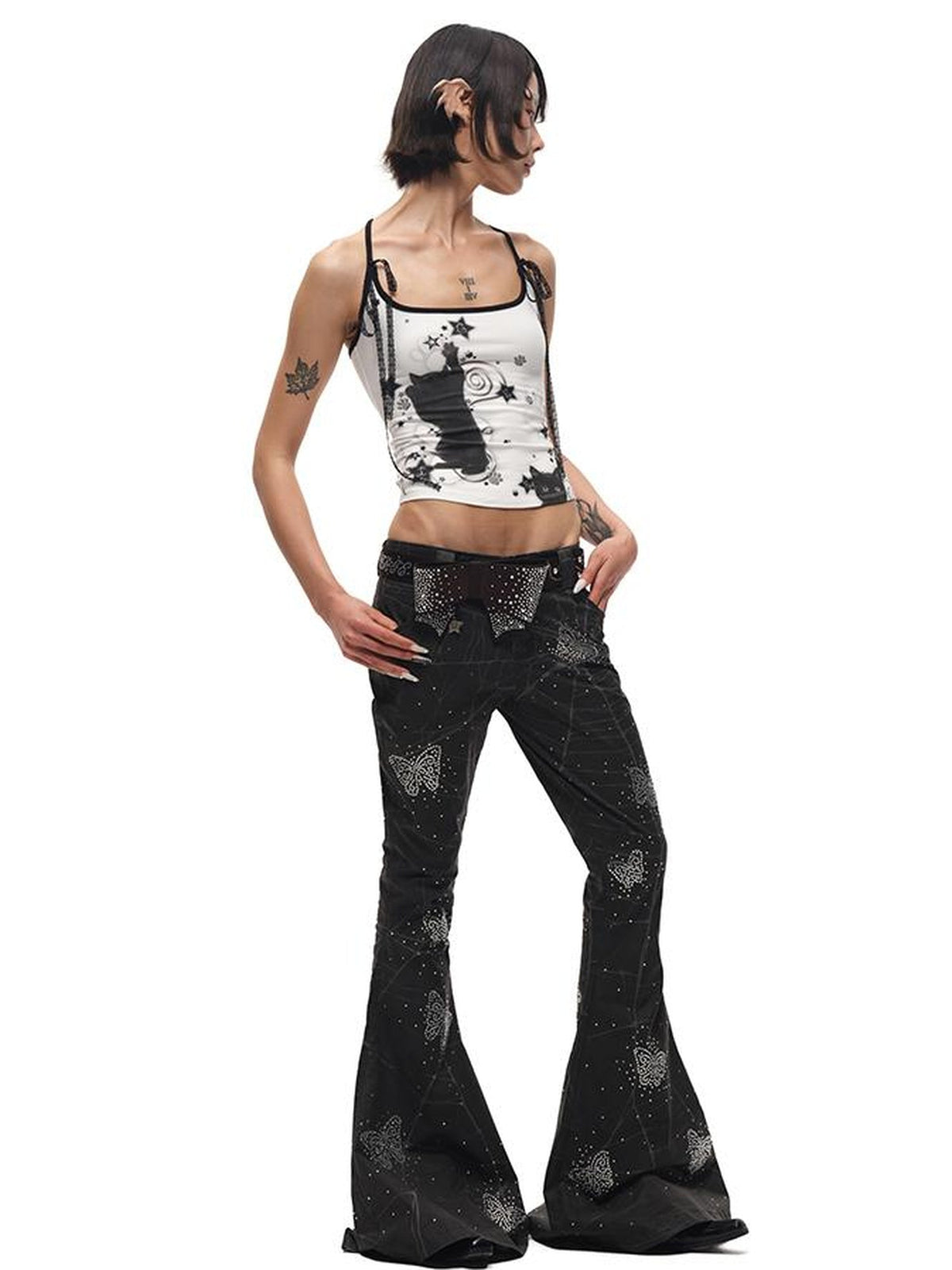Spiderweb Butterfly Crystal Flared Pants