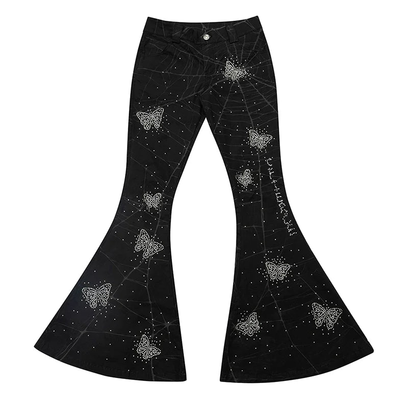 Spiderweb Butterfly Crystal Flared Pants