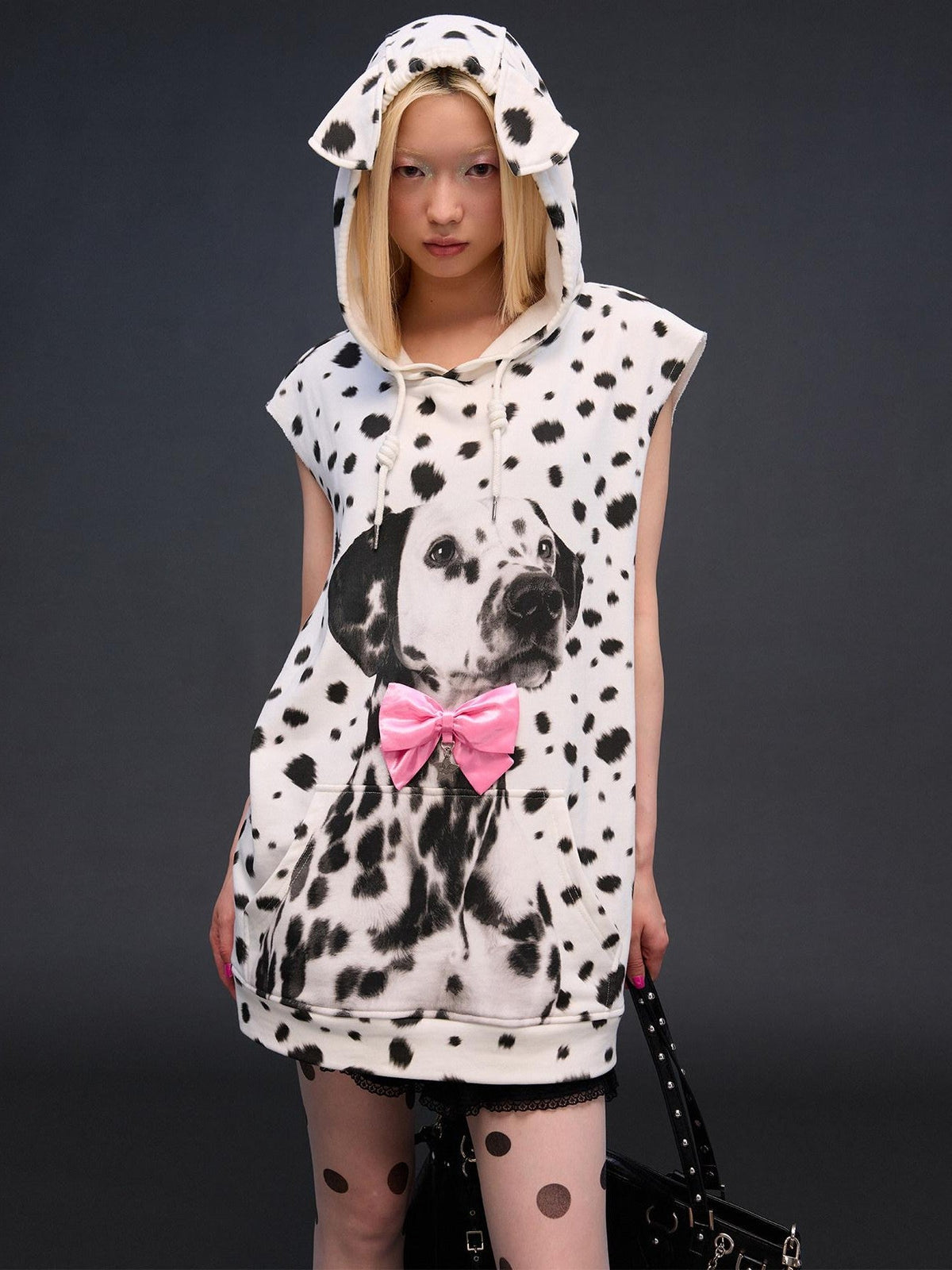 Spotted Dog Print Dog Ear Bow Detail Women's Cotton Graphic Sweatshirts