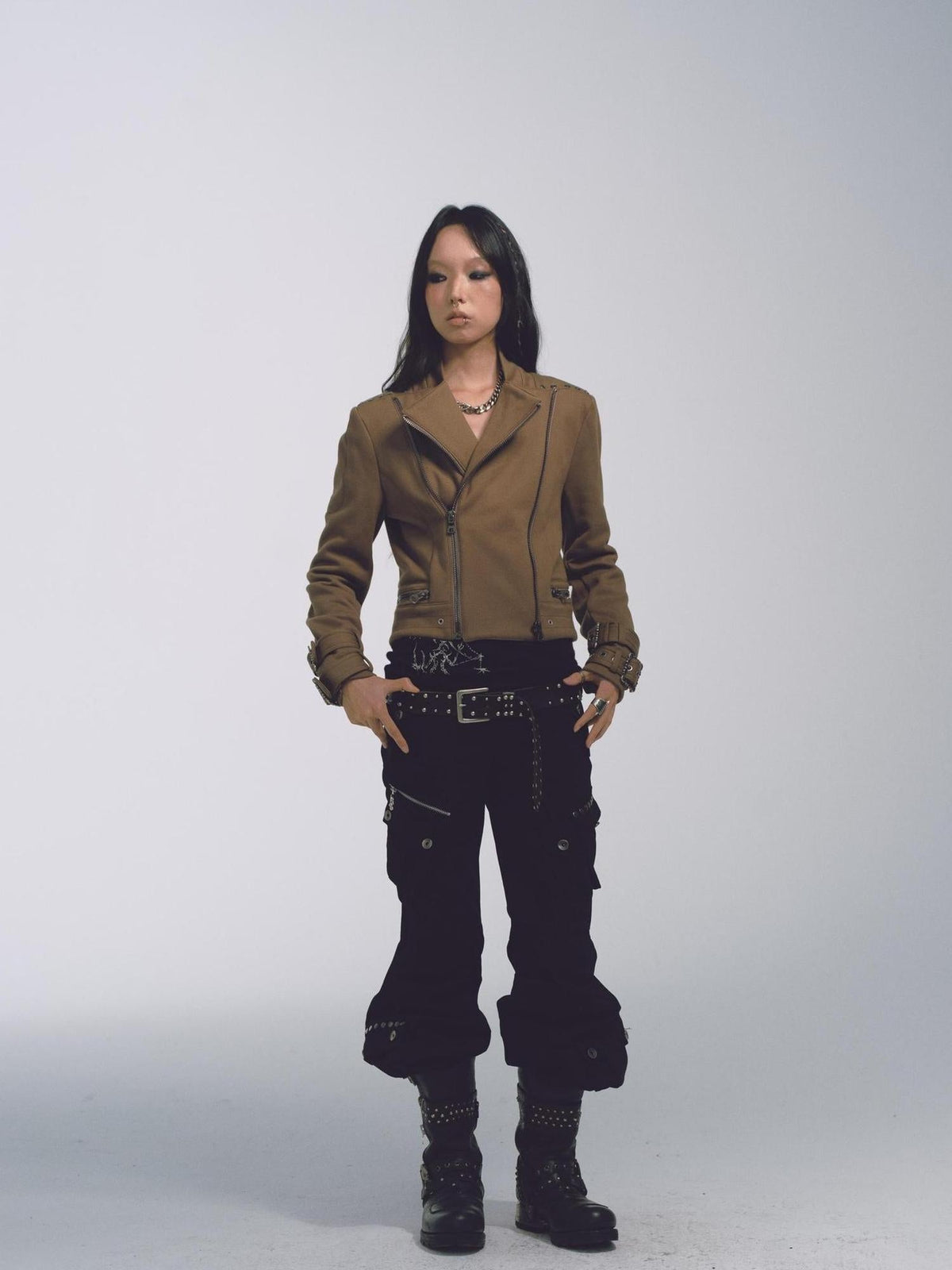 Cotton Relaxed Flared Pants With Metal Studs Multi Pockets