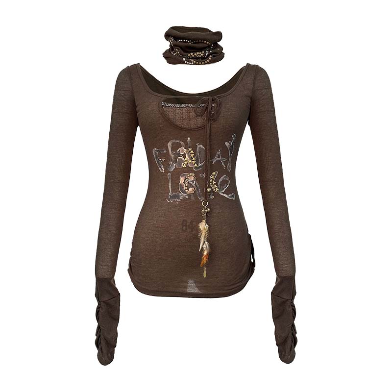 Rivet Print Knit Top With Detachable Neck Wrap