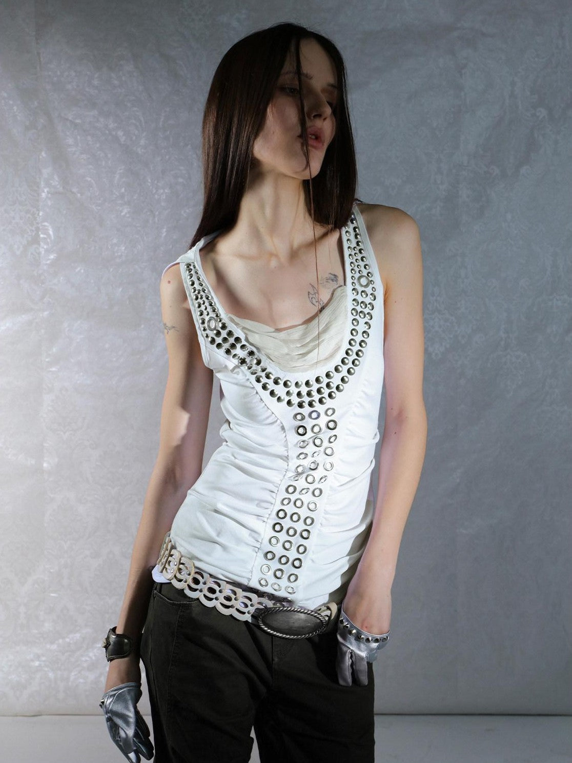 Armor Inspired Studded Ruched Hooded Racerback Slim Women'S Lyocell Tank Tops