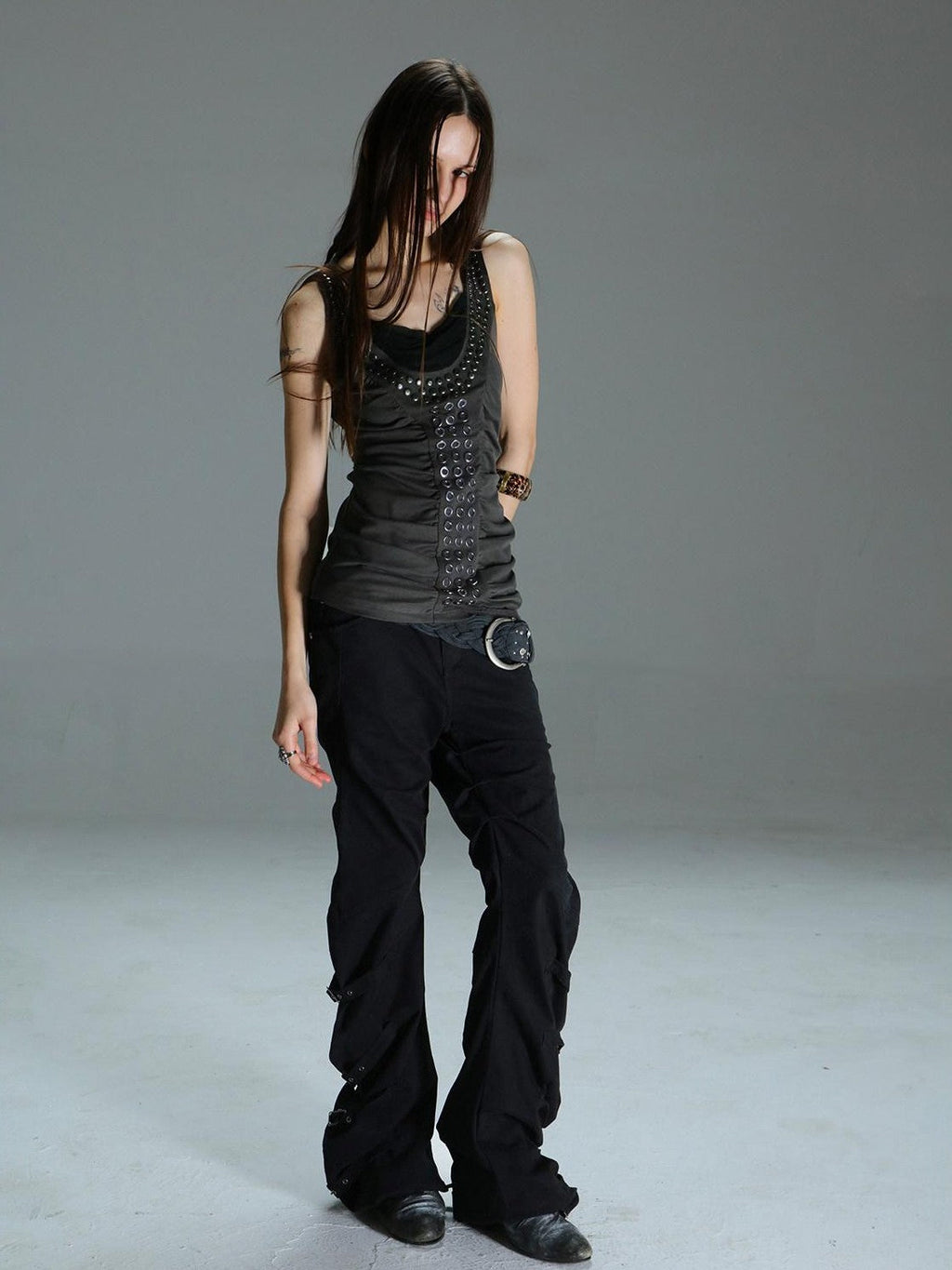 Armor Inspired Studded Ruched Hooded Racerback Slim Women'S Lyocell Tank Tops