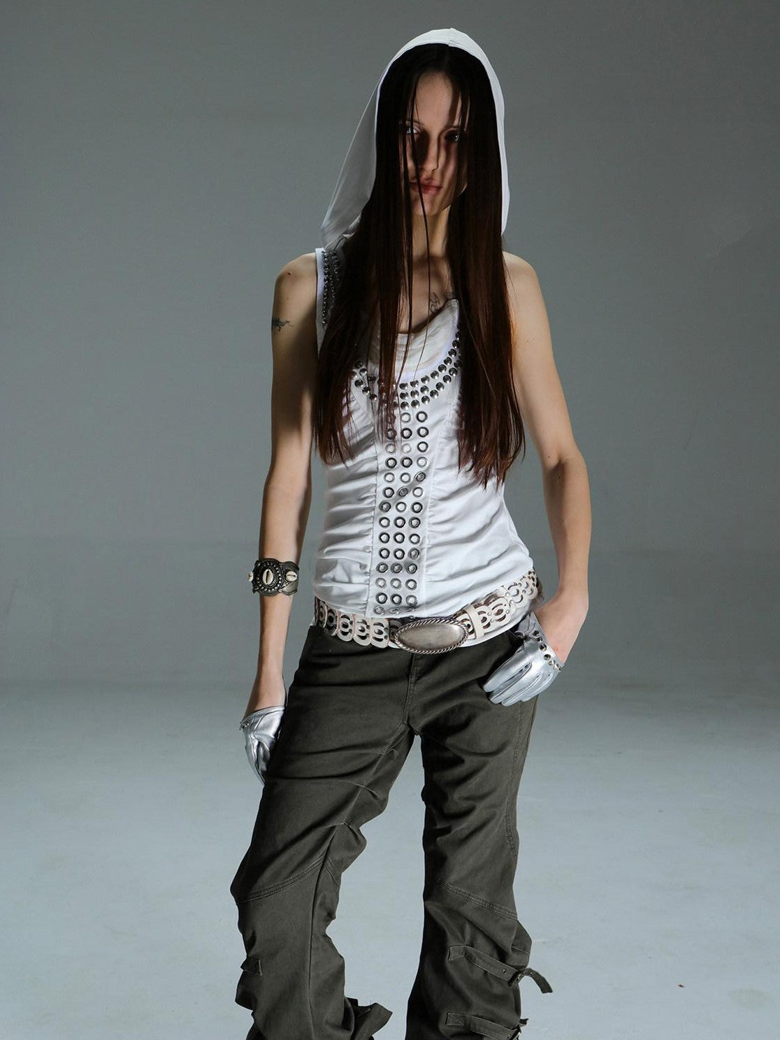 Armor Inspired Studded Ruched Hooded Racerback Slim Women'S Lyocell Tank Tops