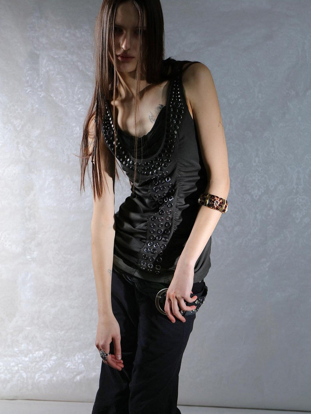 Armor Inspired Studded Ruched Hooded Racerback Slim Women'S Lyocell Tank Tops