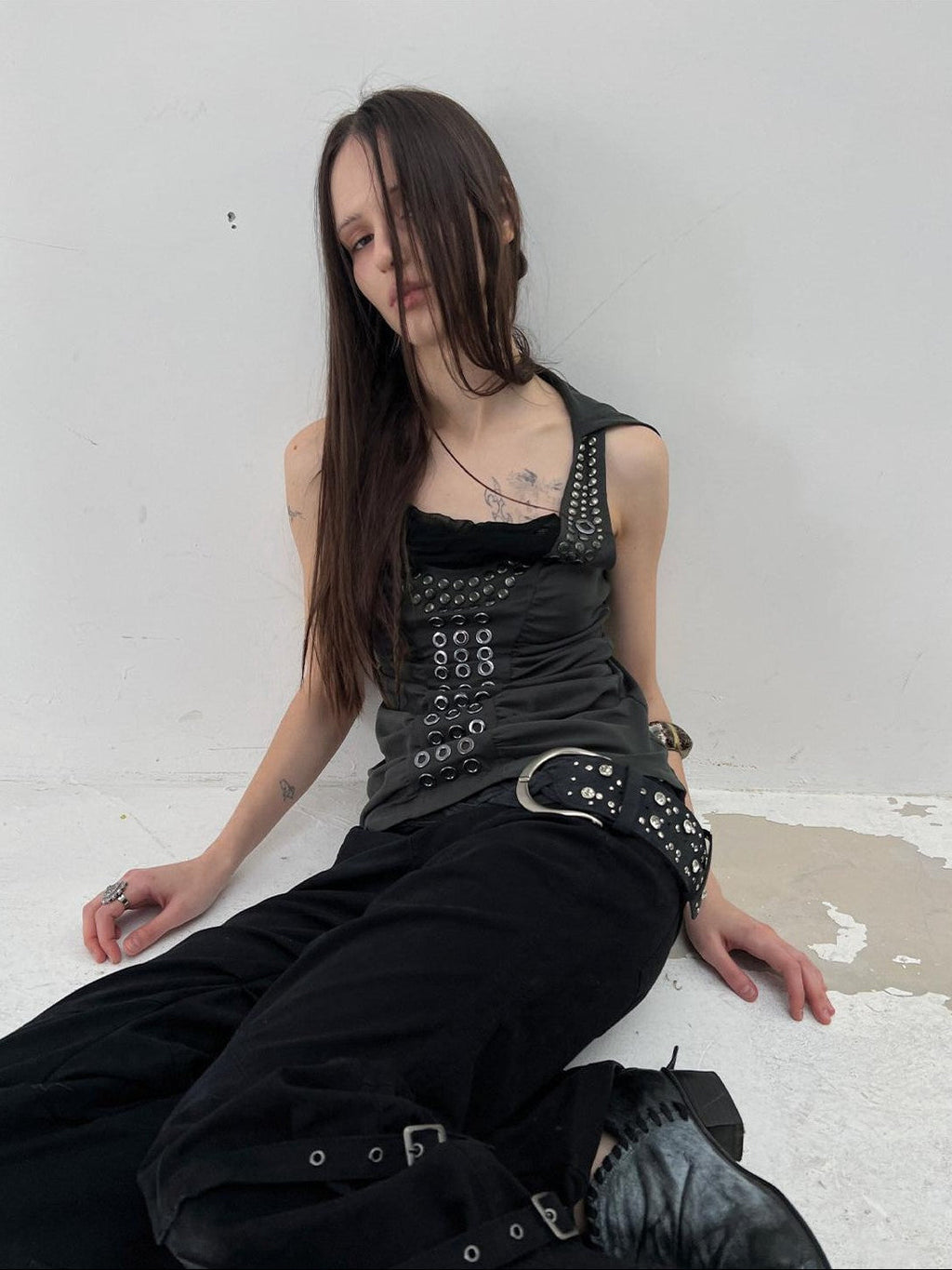 Armor Inspired Studded Ruched Hooded Racerback Slim Women'S Lyocell Tank Tops