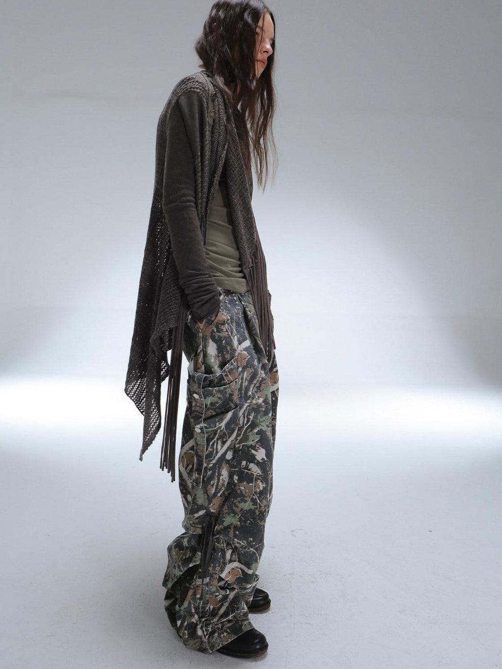 Camouflage 3D Pocket Button Decor Utility Low Waist Women'S Cotton Cargo Pants