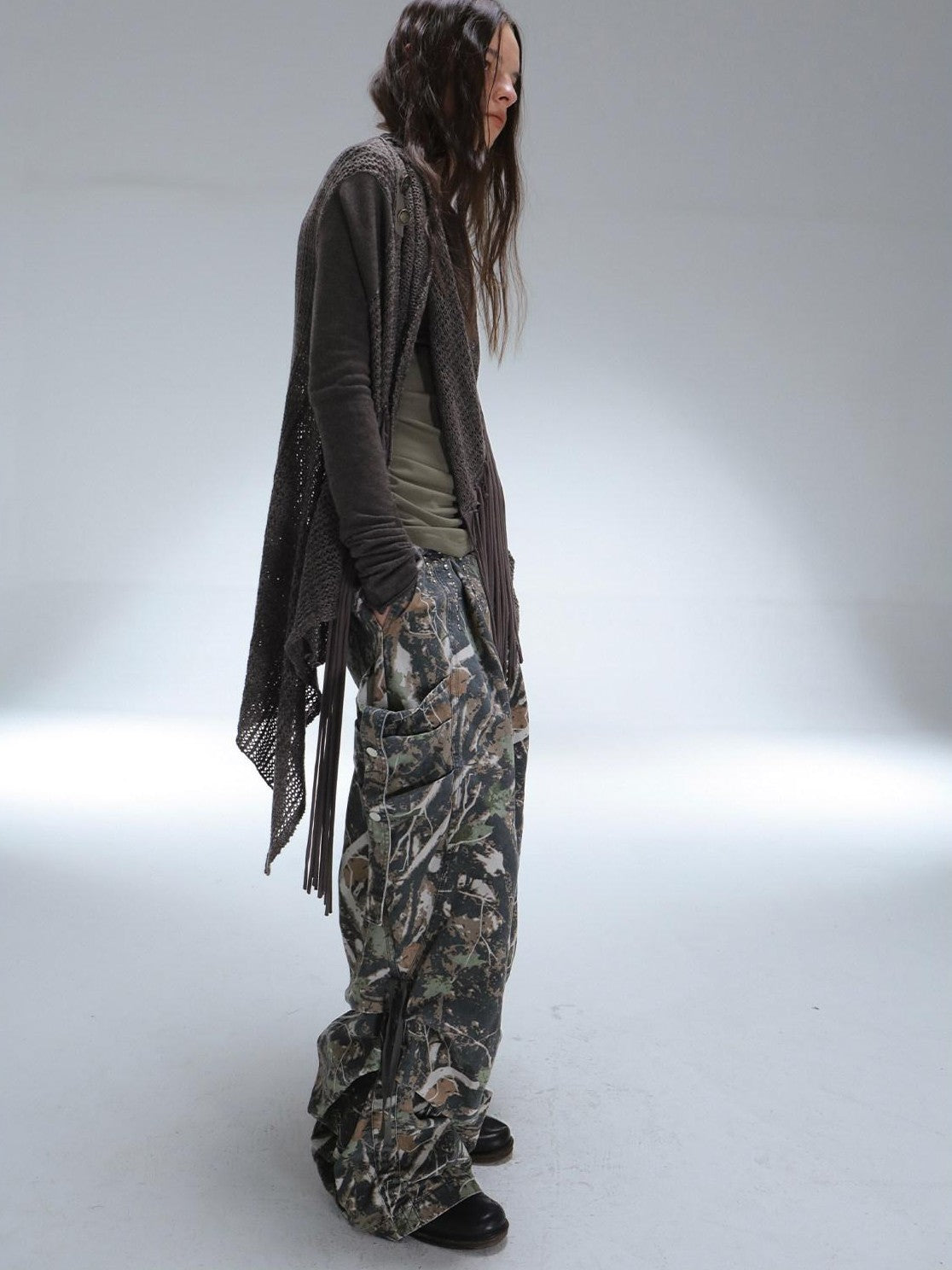 Camouflage 3D Pocket Button Decor Utility Low Waist Women'S Cotton Cargo Pants