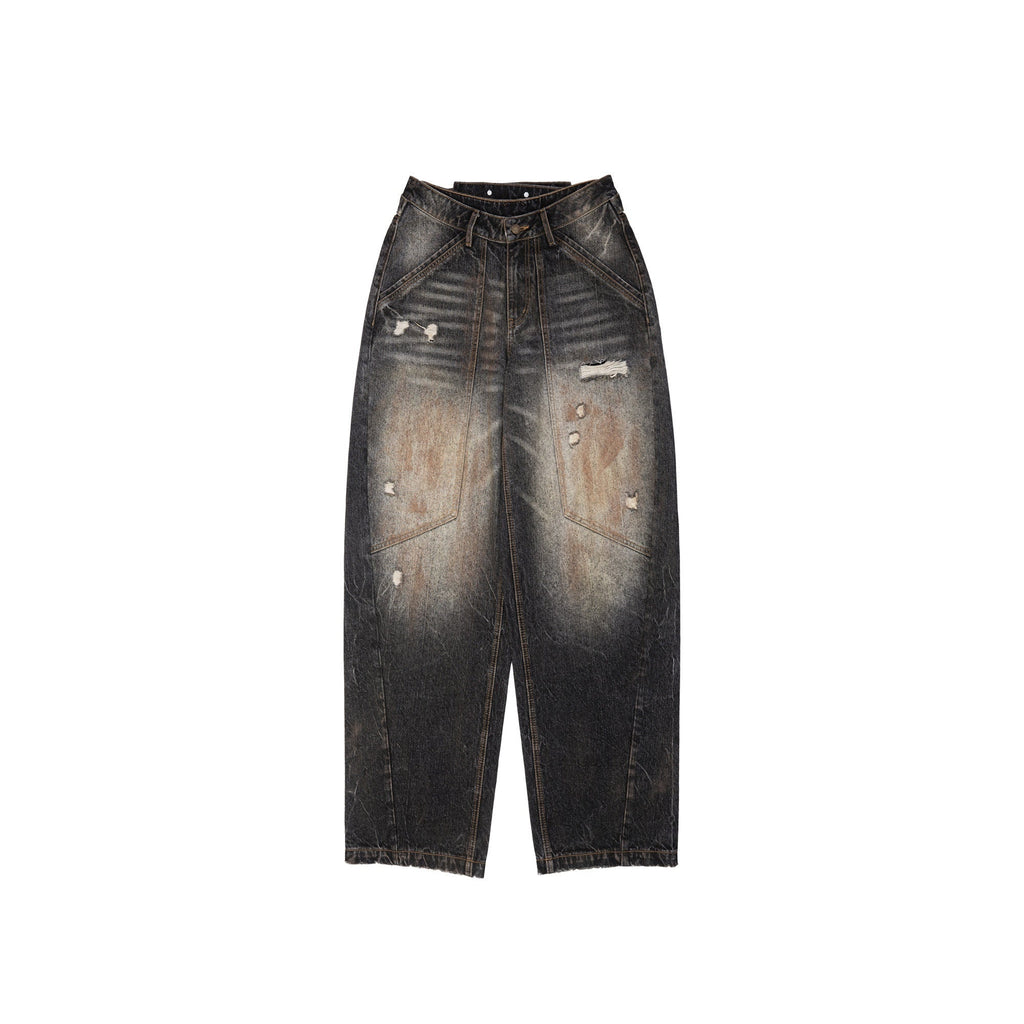 Distressed Mud Dye Ripped Low Rise Women'S Thick Denim Wide-Leg Jeans