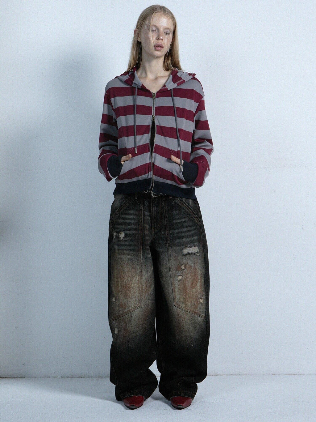 Distressed Mud Dye Ripped Low Rise Women'S Thick Denim Wide-Leg Jeans