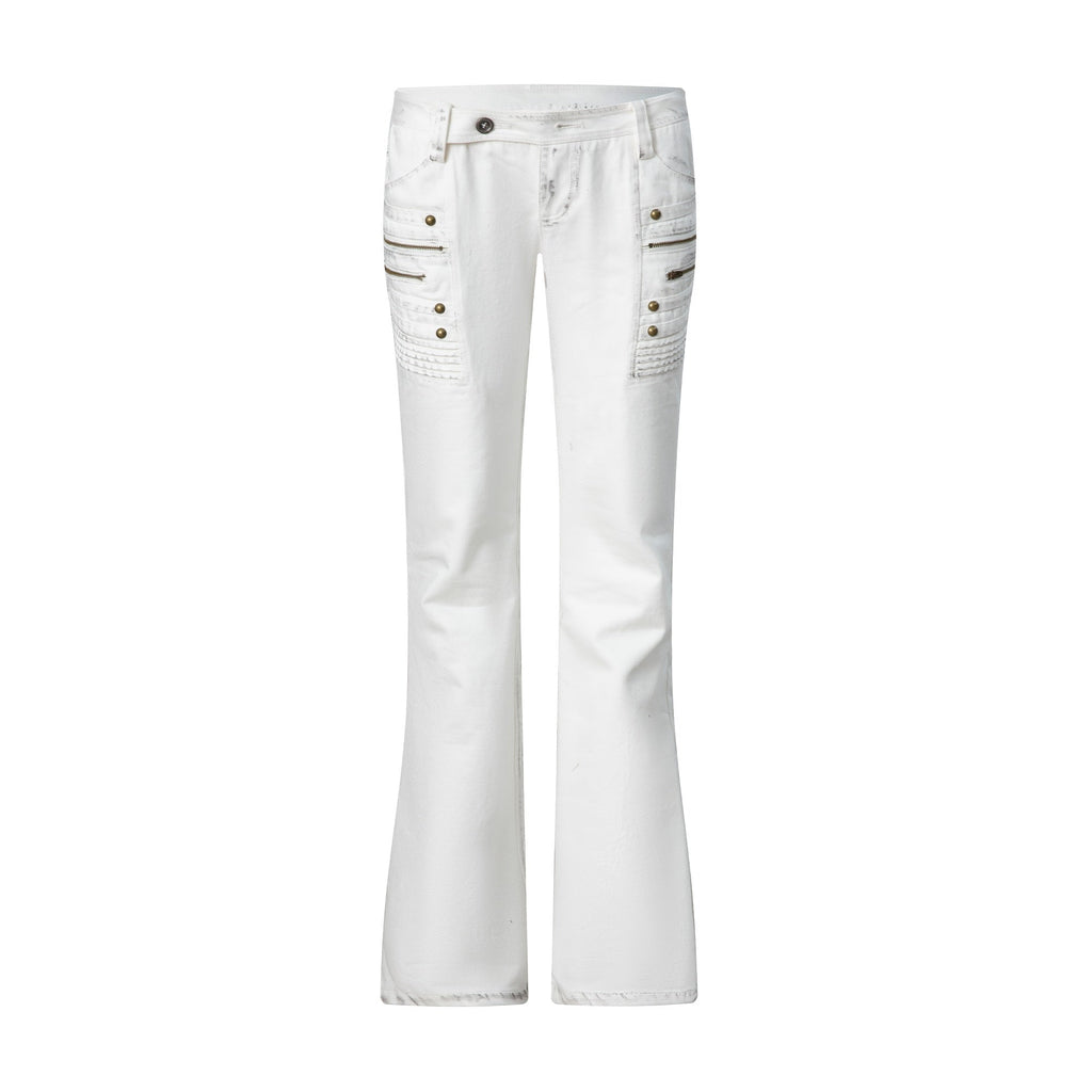 Distressed Washed Low-rise 3d Seam White Women's Cotton Straight-leg Jeans