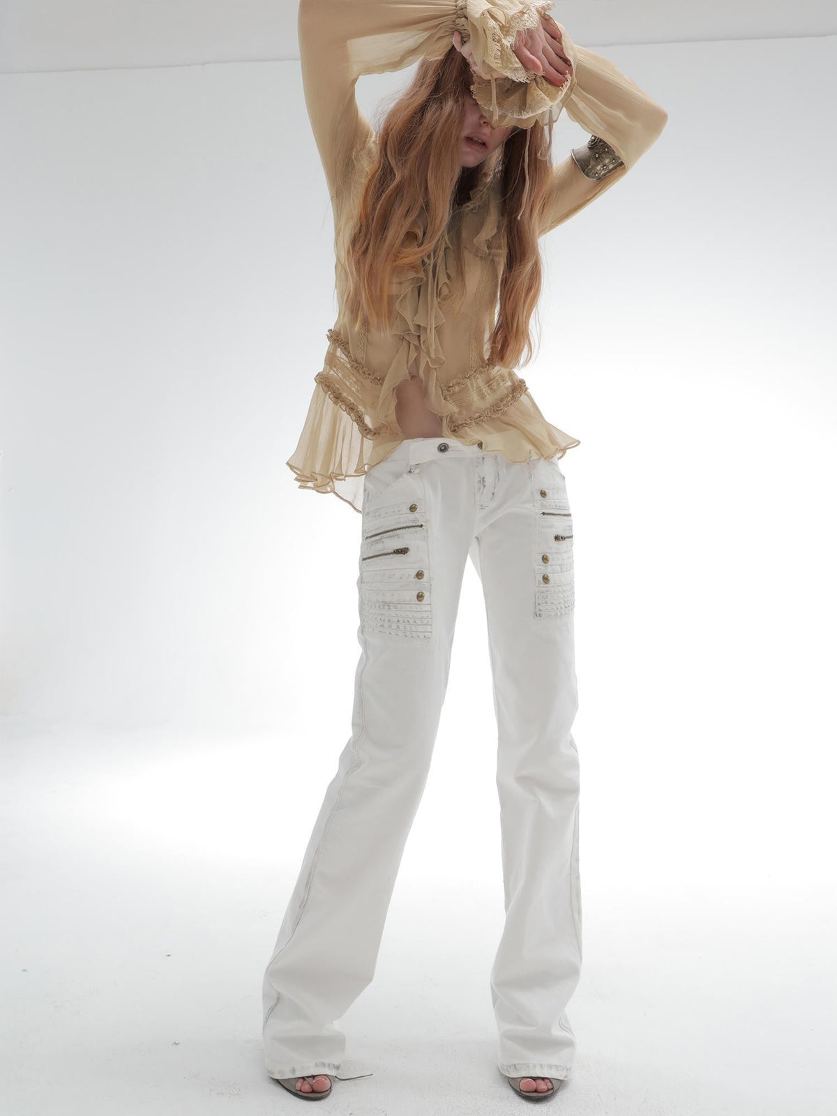 Distressed Washed Low-rise 3d Seam White Women's Cotton Straight-leg Jeans