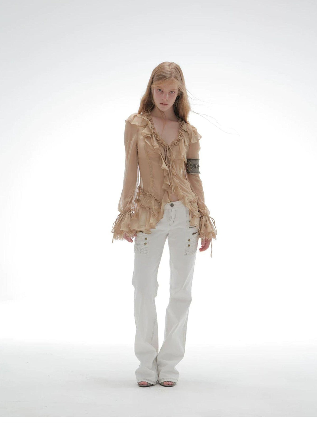 Distressed Washed Low-rise 3d Seam White Women's Cotton Straight-leg Jeans