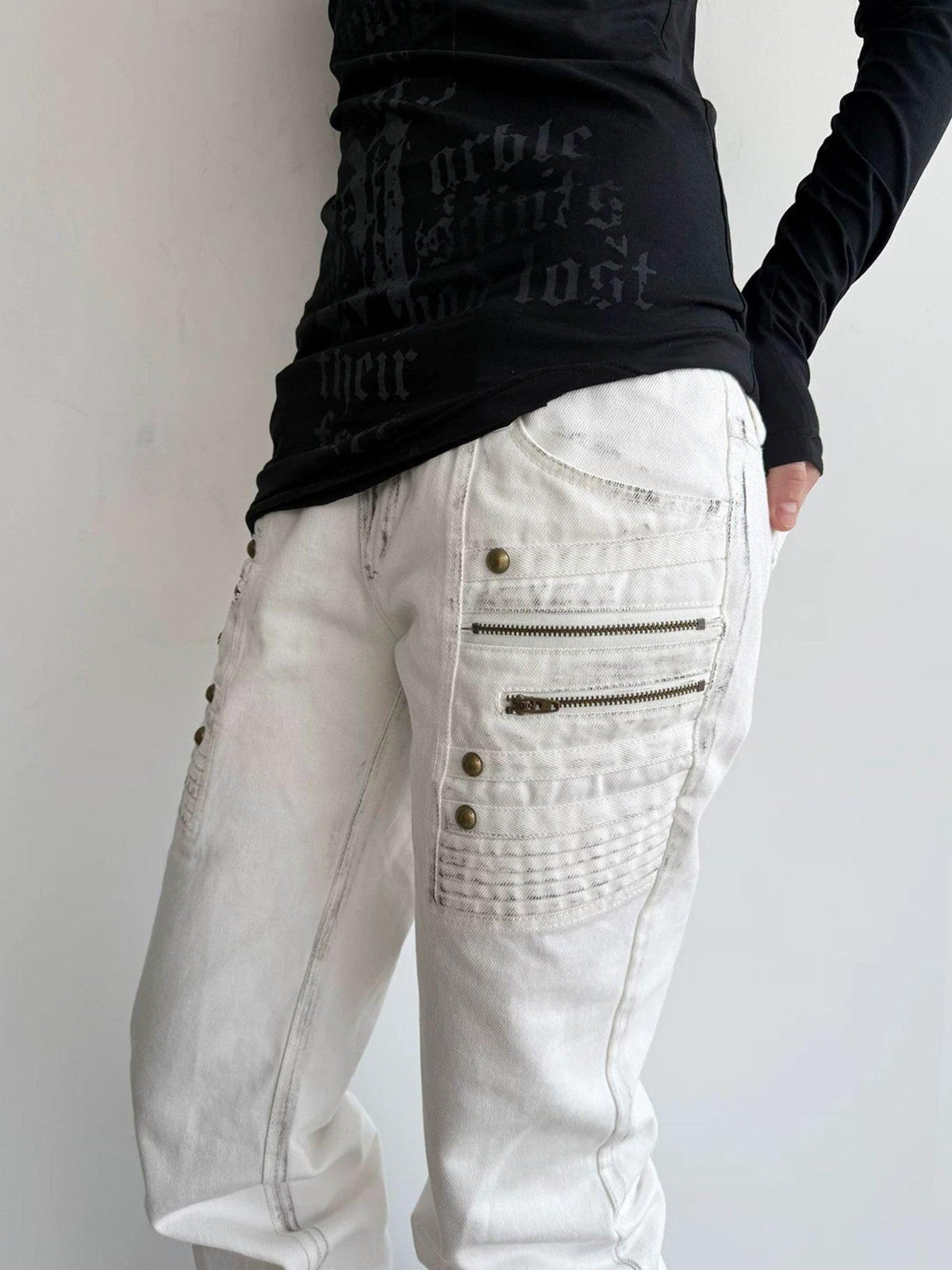 Distressed Washed Low-rise 3d Seam White Women's Cotton Straight-leg Jeans