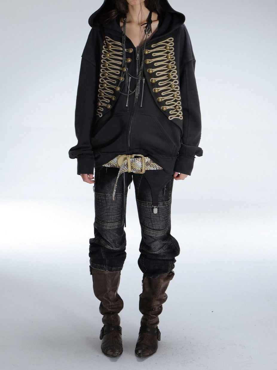 Napoleonic Embroidered Metal Button Zippered Loose Women'S Cotton Hoodies