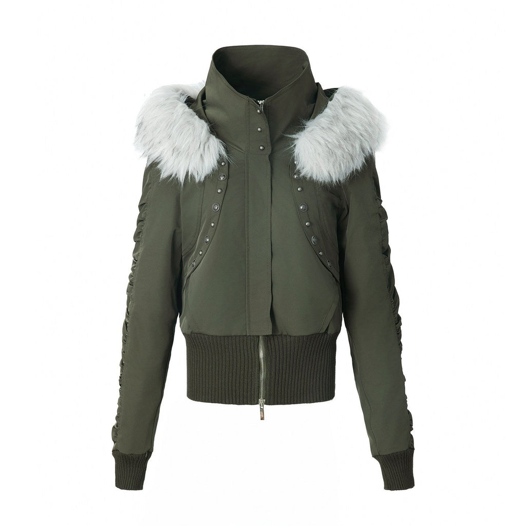 Olive Punk Cinched Waist Faux Fur Hooded Women'S Casual Jackets
