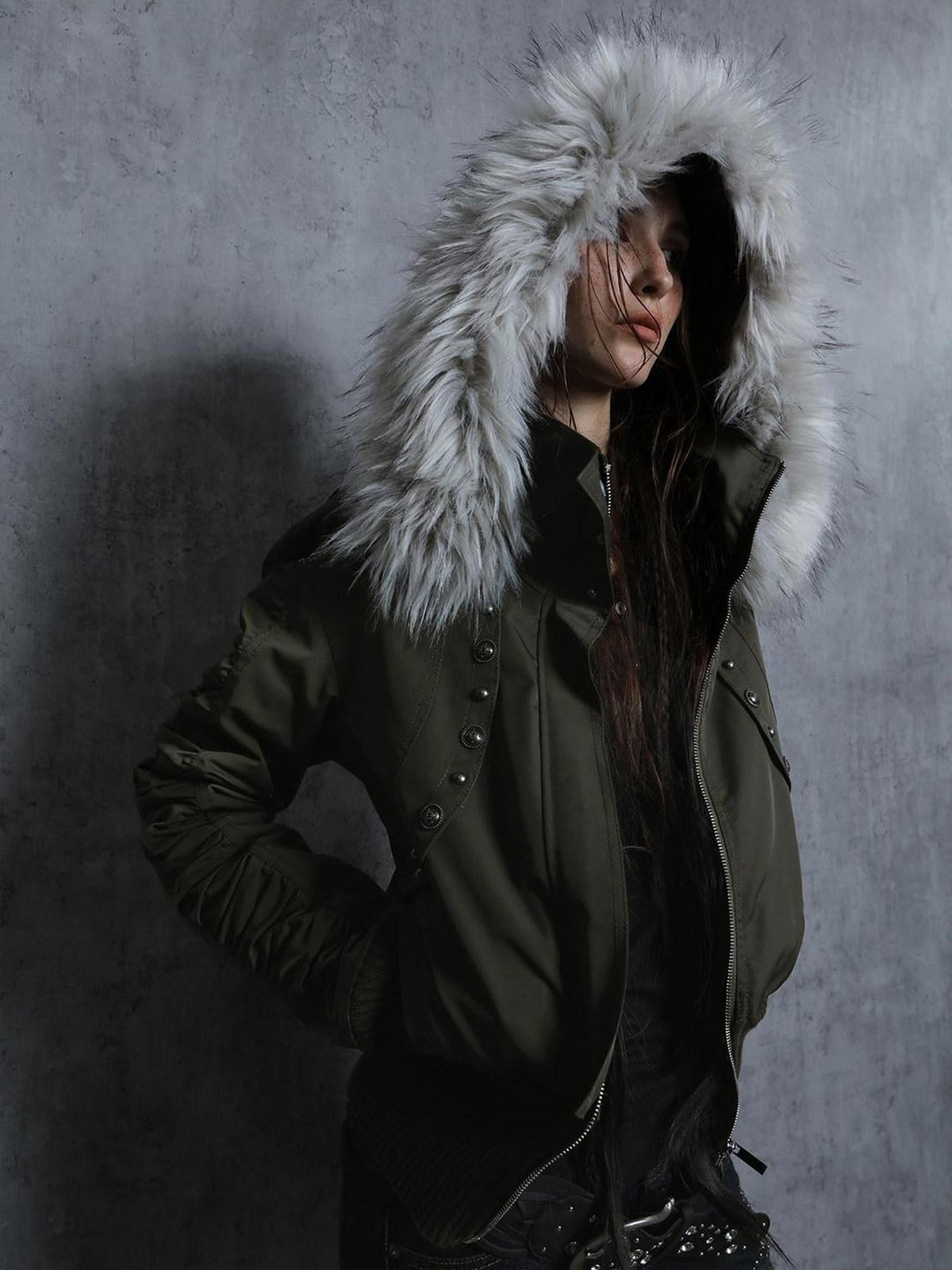 Olive Punk Cinched Waist Faux Fur Hooded Women'S Casual Jackets