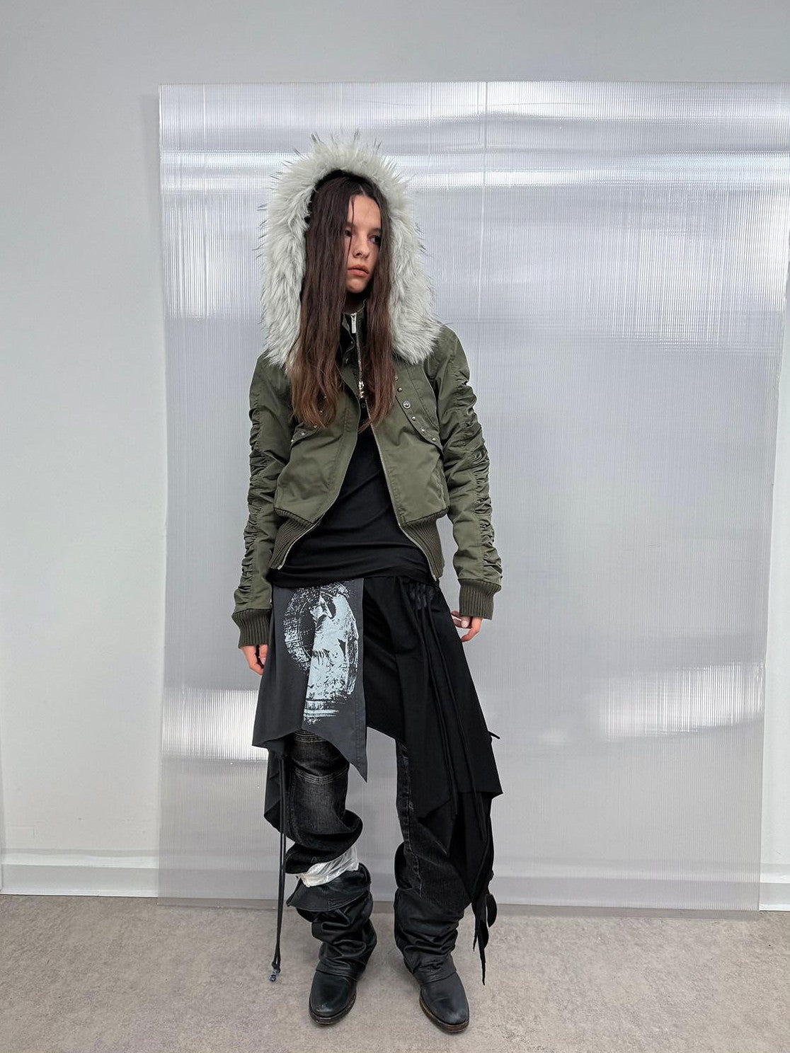 Olive Punk Cinched Waist Faux Fur Hooded Women'S Casual Jackets