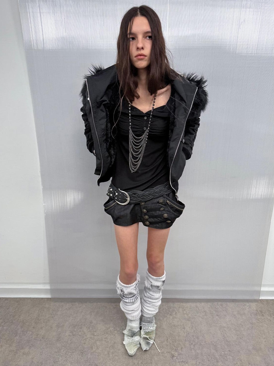 Olive Punk Cinched Waist Faux Fur Hooded Women'S Casual Jackets