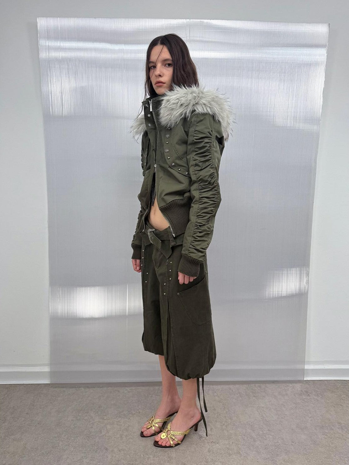 Olive Punk Cinched Waist Faux Fur Hooded Women'S Casual Jackets